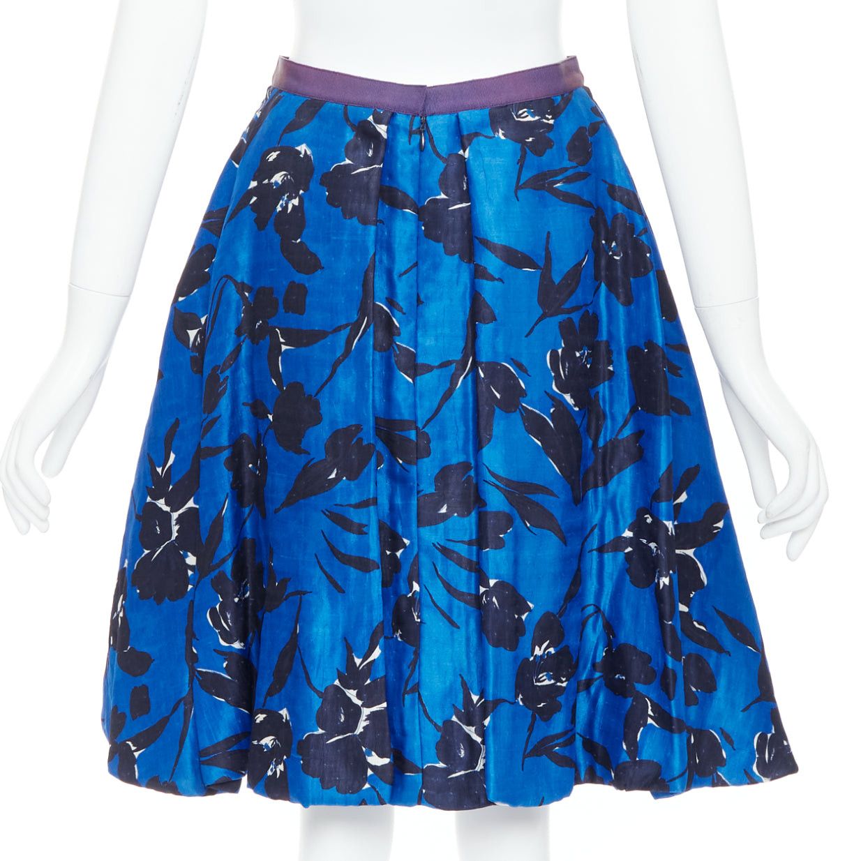 Oscar De La Renta OSCAR DE LA RENTA S07 blue black silk cotton floral print full midi skirt US2 S Size 27" / US 4 / IT 40 - 5 Thumbnail