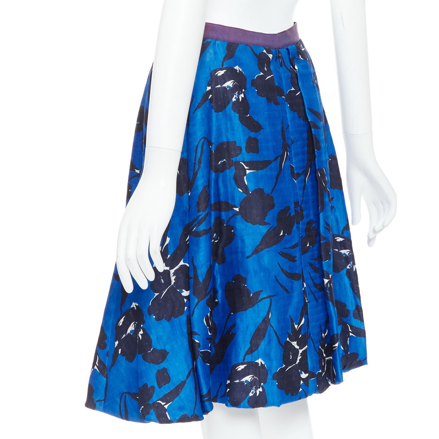 Oscar De La Renta OSCAR DE LA RENTA S07 blue black silk cotton floral print full midi skirt US2 S Size 27" / US 4 / IT 40 - 6 Thumbnail