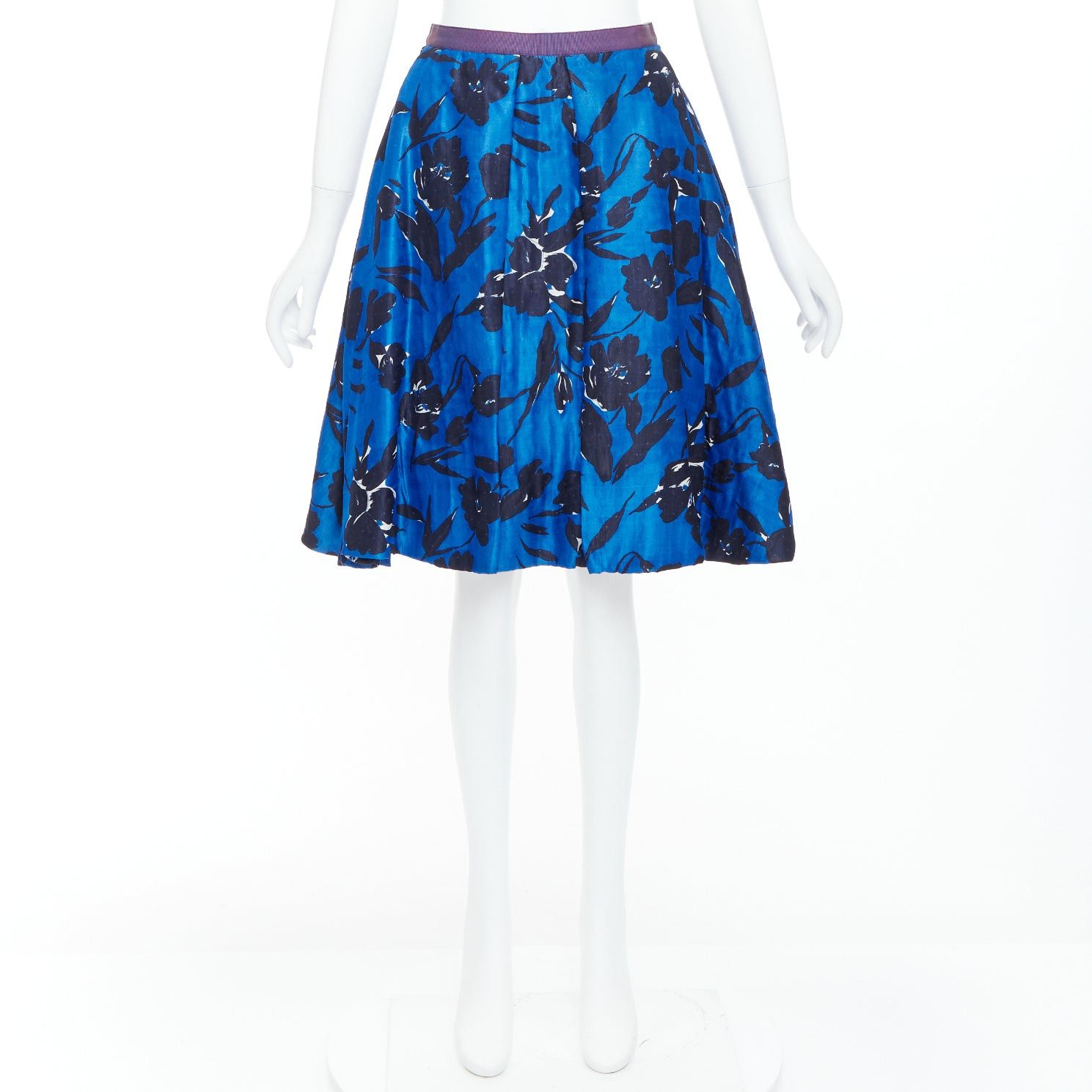 Oscar De La Renta OSCAR DE LA RENTA S07 blue black silk cotton floral print full midi skirt US2 S Size 27" / US 4 / IT 40 - 9 Thumbnail