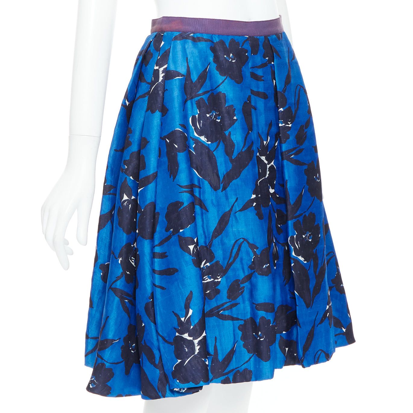 Oscar De La Renta OSCAR DE LA RENTA S07 blue black silk cotton floral print full midi skirt US2 S Size 27" / US 4 / IT 40 - 3 Thumbnail