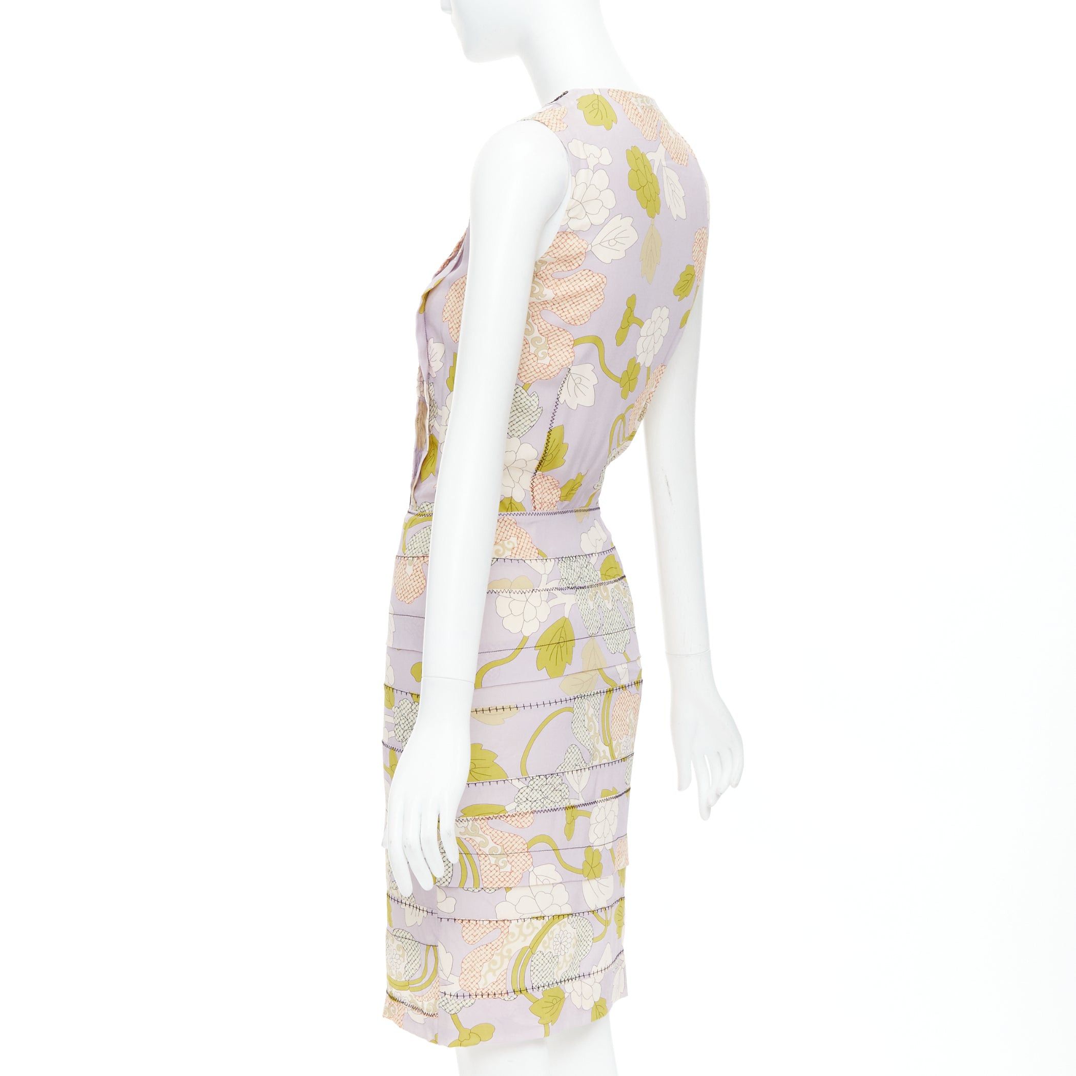 Bottega Veneta BOTTEGA VENETA 2015 Runway silk purple floral print black mesh pleat dress IT38 XS Size XS / US 0-2 / IT 36-38 - 6 Thumbnail