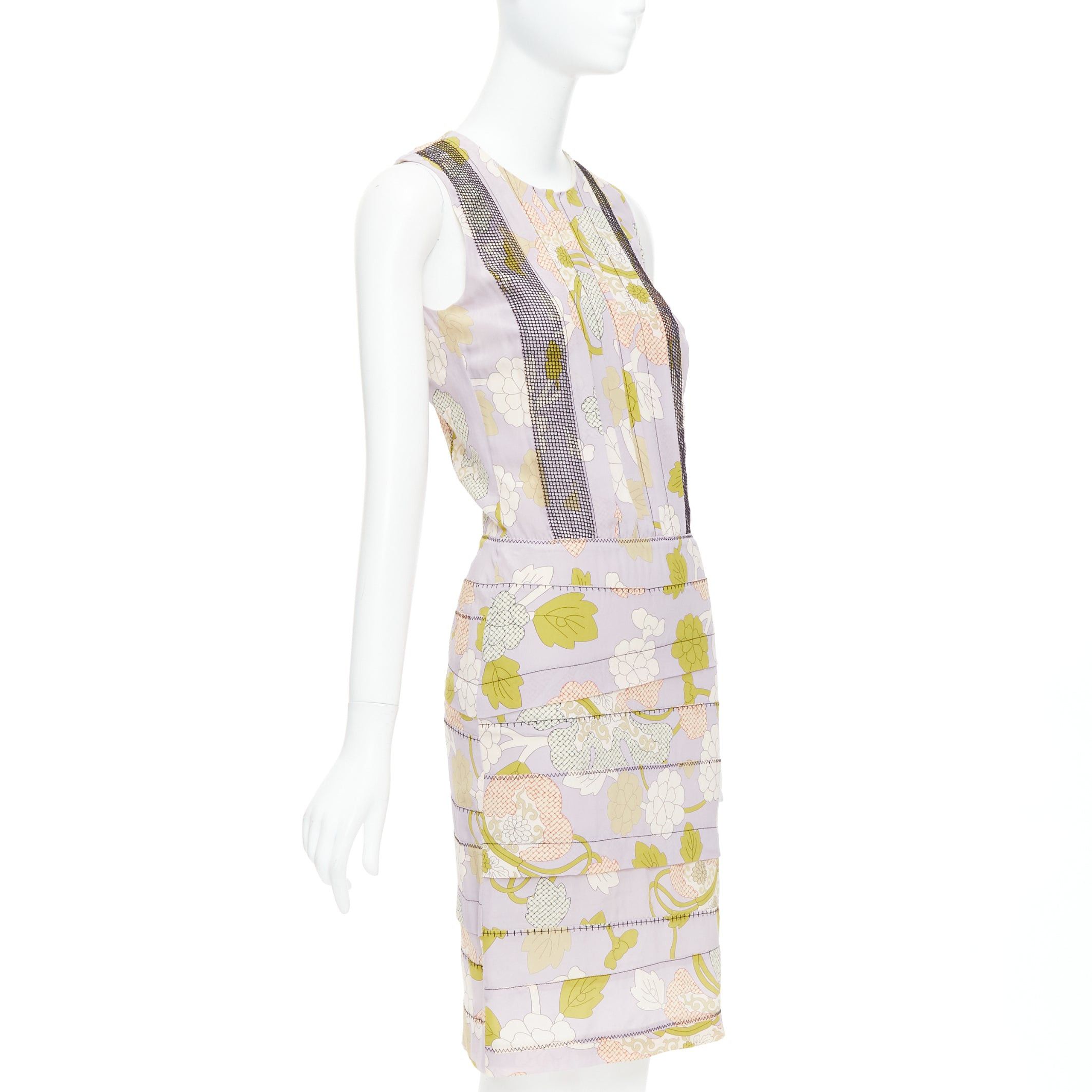 Bottega Veneta BOTTEGA VENETA 2015 Runway silk purple floral print black mesh pleat dress IT38 XS Size XS / US 0-2 / IT 36-38 - 3 Thumbnail