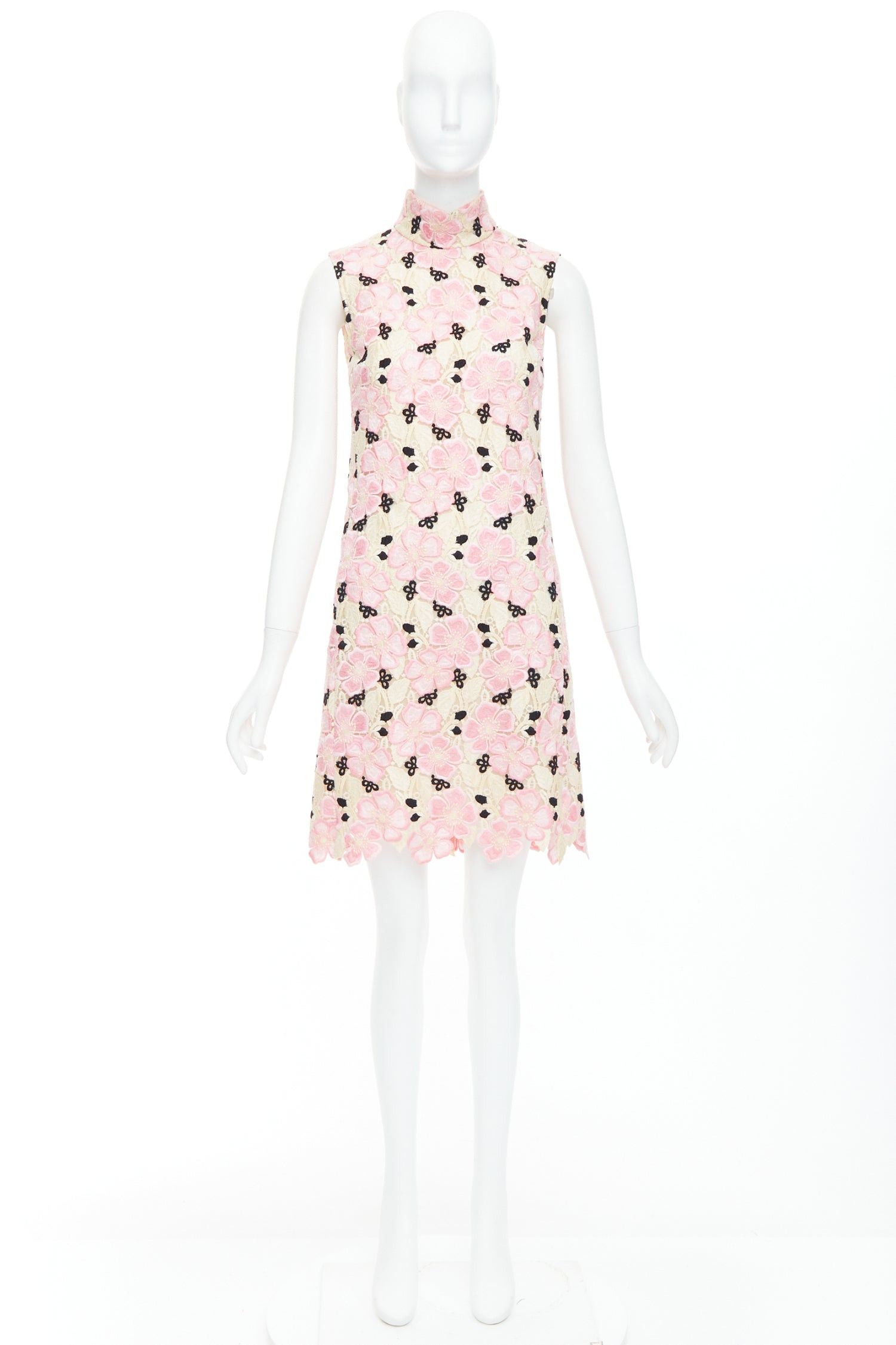 Giambattista Valli GIAMBATTISTA VALLI pink cream floral guipure lace mock neck dress IT38 XXS Size XS / US 0-2 / IT 36-38 - 9 Thumbnail