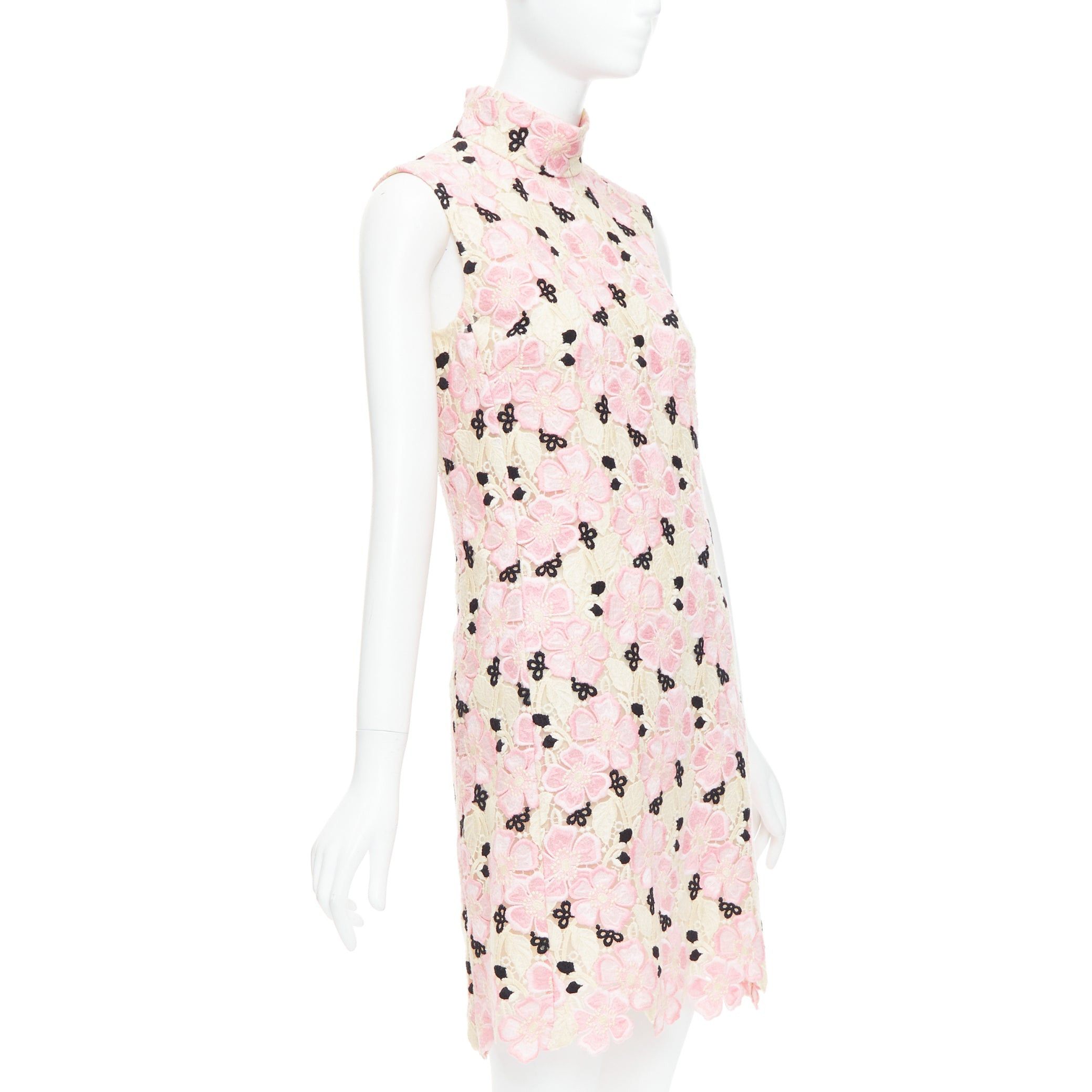 Giambattista Valli GIAMBATTISTA VALLI pink cream floral guipure lace mock neck dress IT38 XXS Size XS / US 0-2 / IT 36-38 - 3 Thumbnail