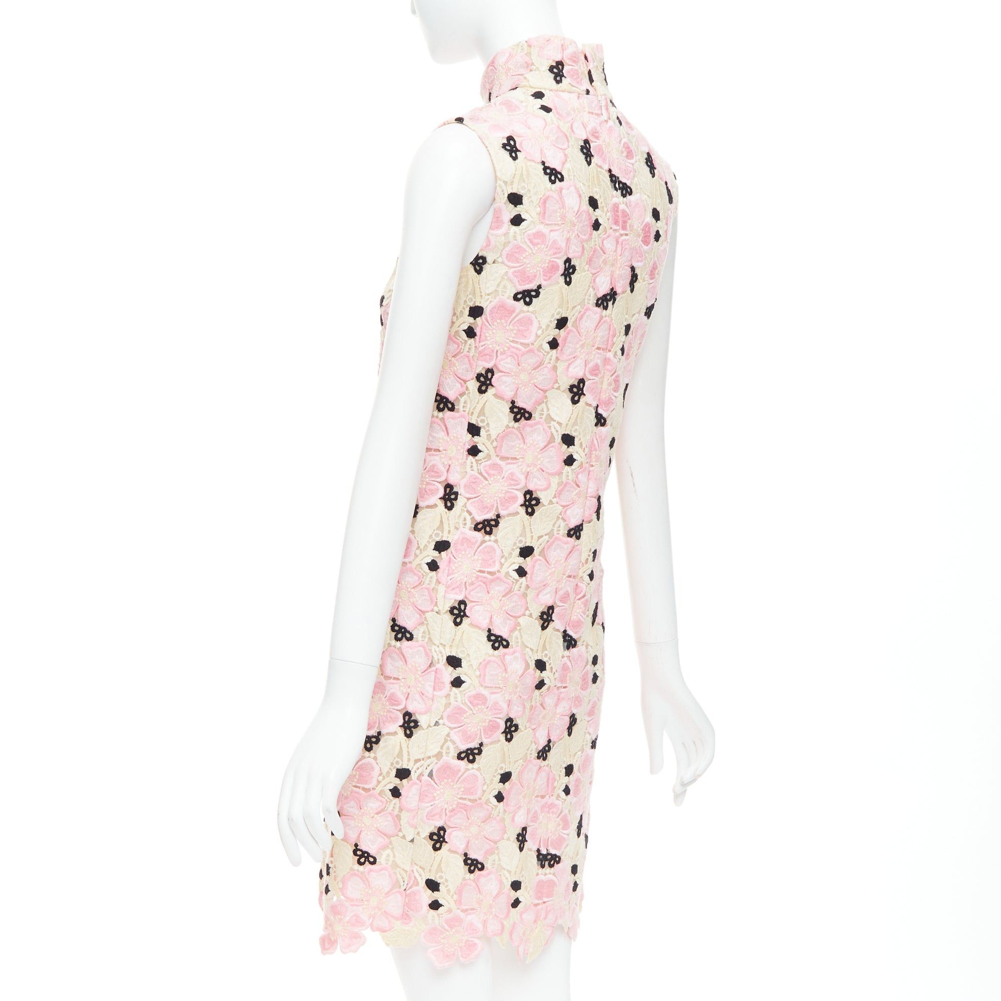 Giambattista Valli GIAMBATTISTA VALLI pink cream floral guipure lace mock neck dress IT38 XXS Size XS / US 0-2 / IT 36-38 - 6 Thumbnail