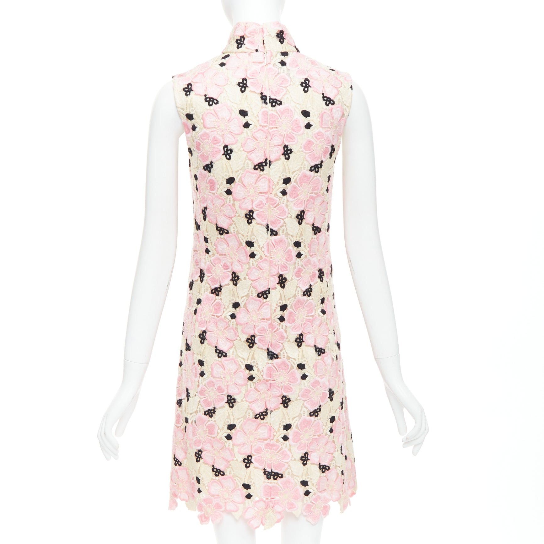 Giambattista Valli GIAMBATTISTA VALLI pink cream floral guipure lace mock neck dress IT38 XXS Size XS / US 0-2 / IT 36-38 - 5 Thumbnail