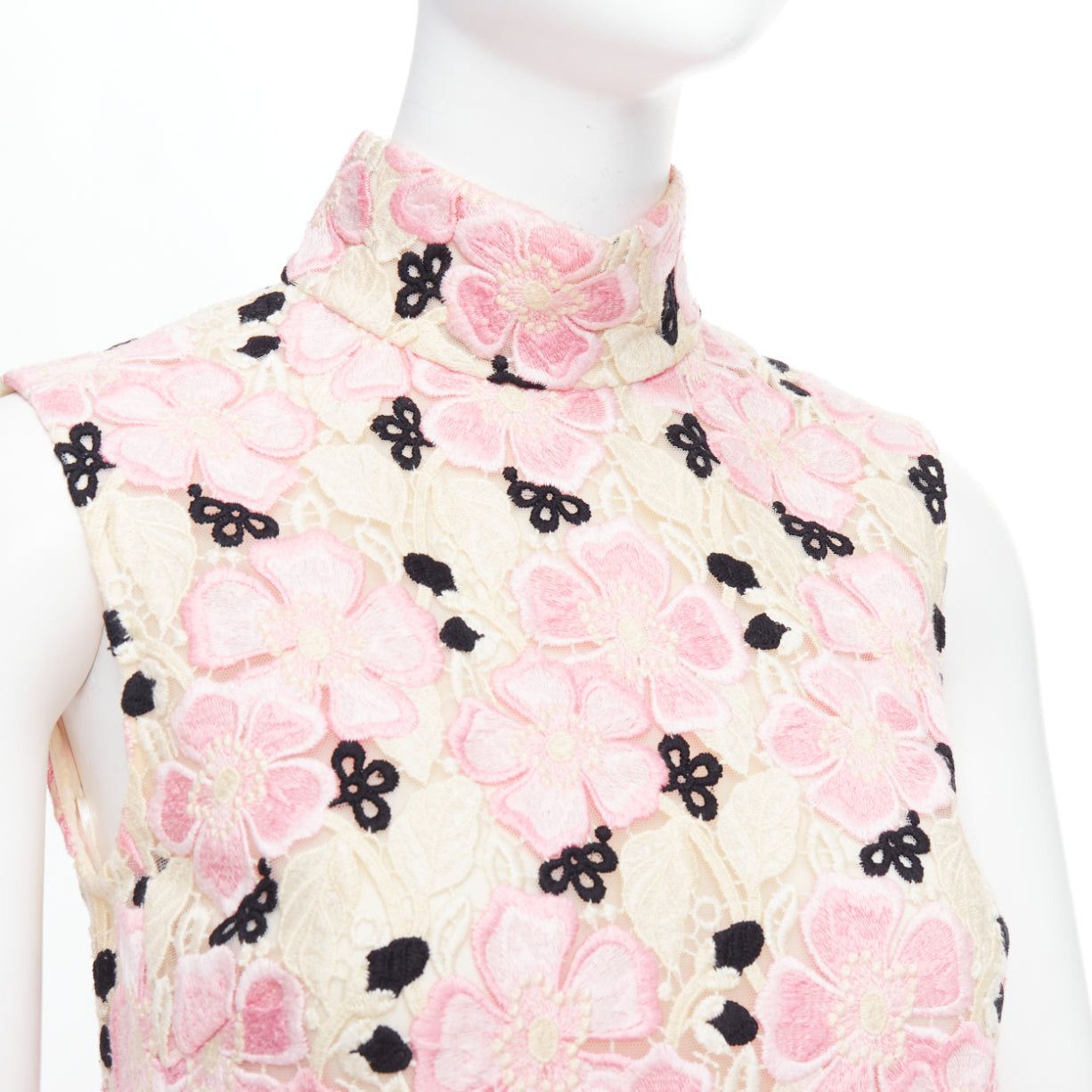 Giambattista Valli GIAMBATTISTA VALLI pink cream floral guipure lace mock neck dress IT38 XXS Size XS / US 0-2 / IT 36-38 - 2 Thumbnail