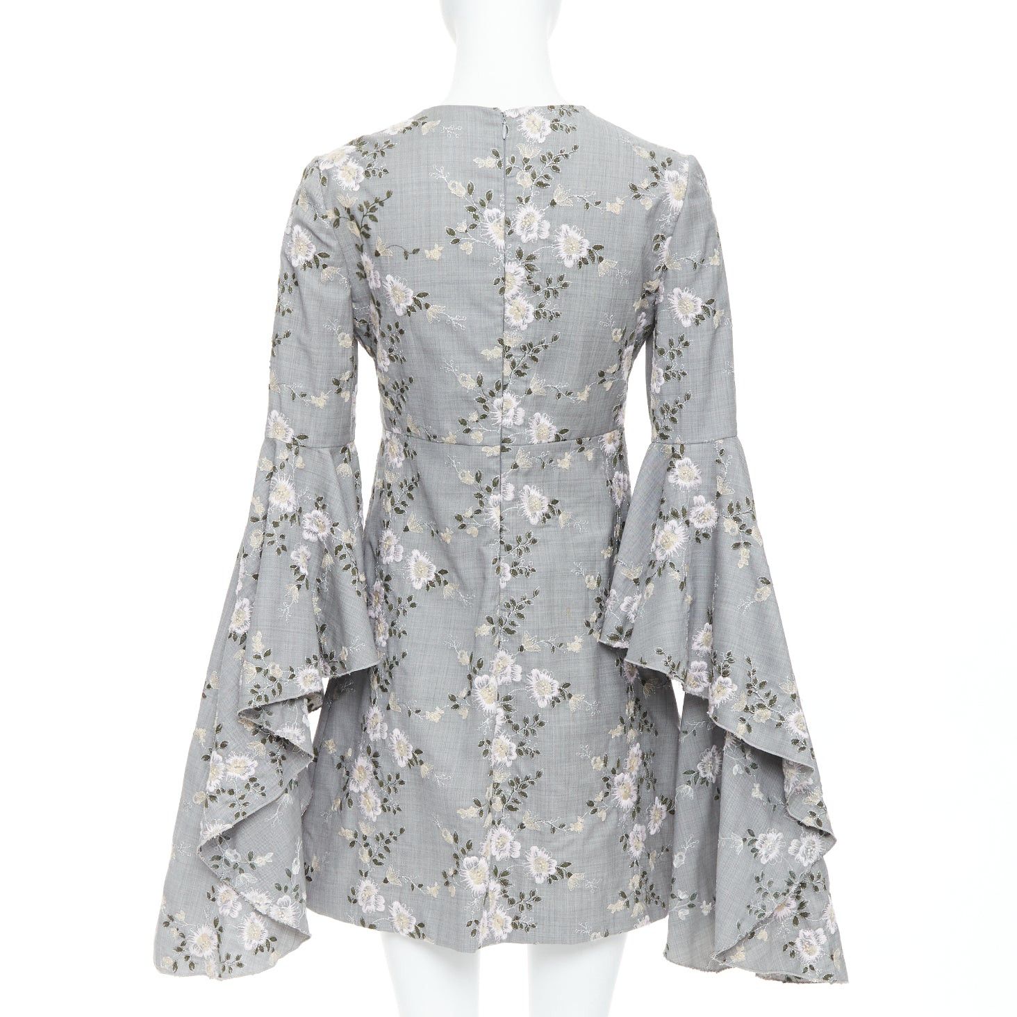 Giambattista Valli GIAMBATTISTA VALLI grey wool floral embroidery cascade bell sleeve dress IT38 XXS Size XS / US 0-2 / IT 36-38 - 5 Thumbnail