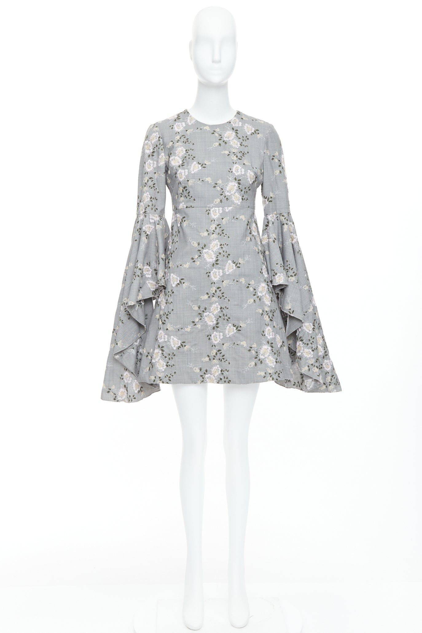 Giambattista Valli GIAMBATTISTA VALLI grey wool floral embroidery cascade bell sleeve dress IT38 XXS Size XS / US 0-2 / IT 36-38 - 9 Thumbnail