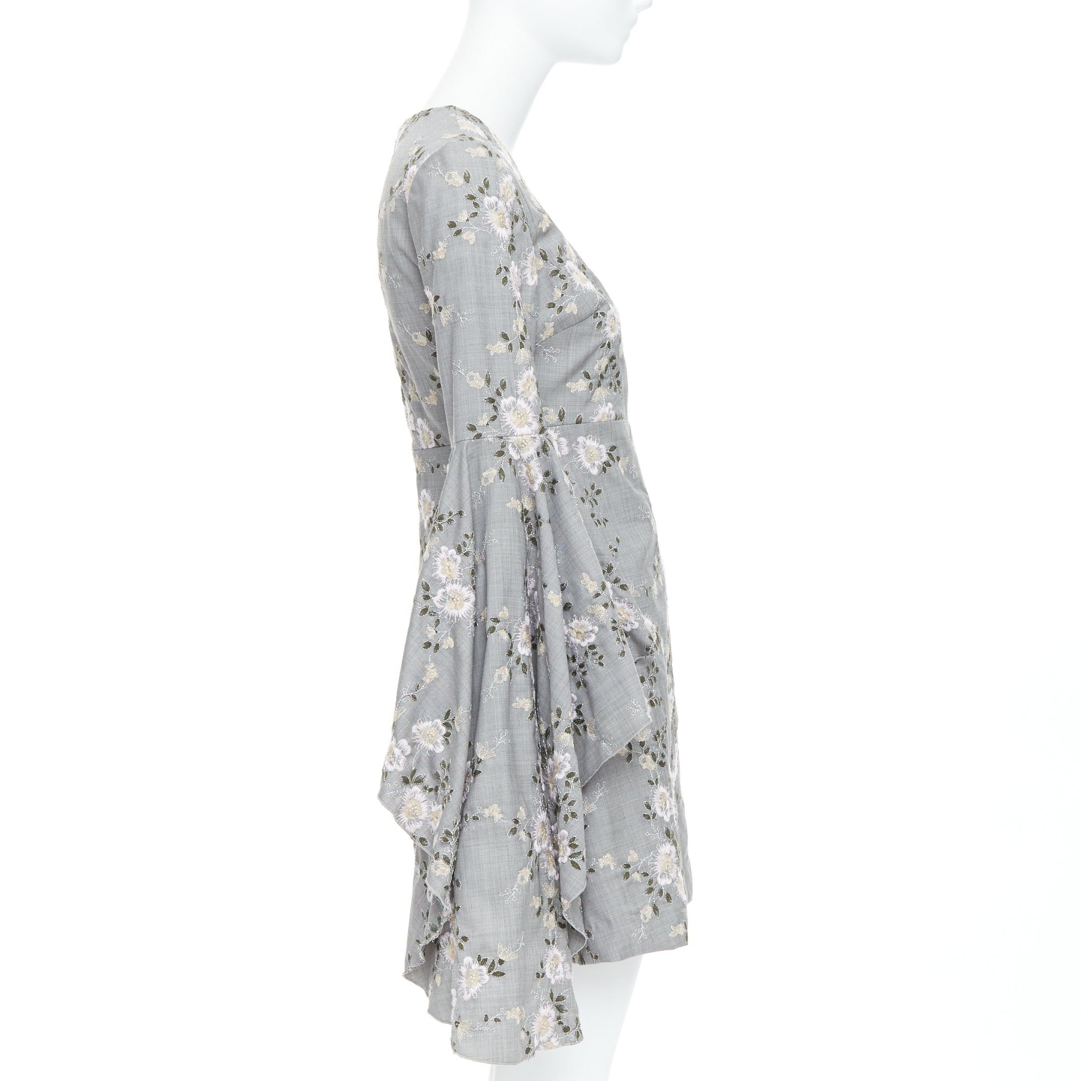 Giambattista Valli GIAMBATTISTA VALLI grey wool floral embroidery cascade bell sleeve dress IT38 XXS Size XS / US 0-2 / IT 36-38 - 4 Thumbnail