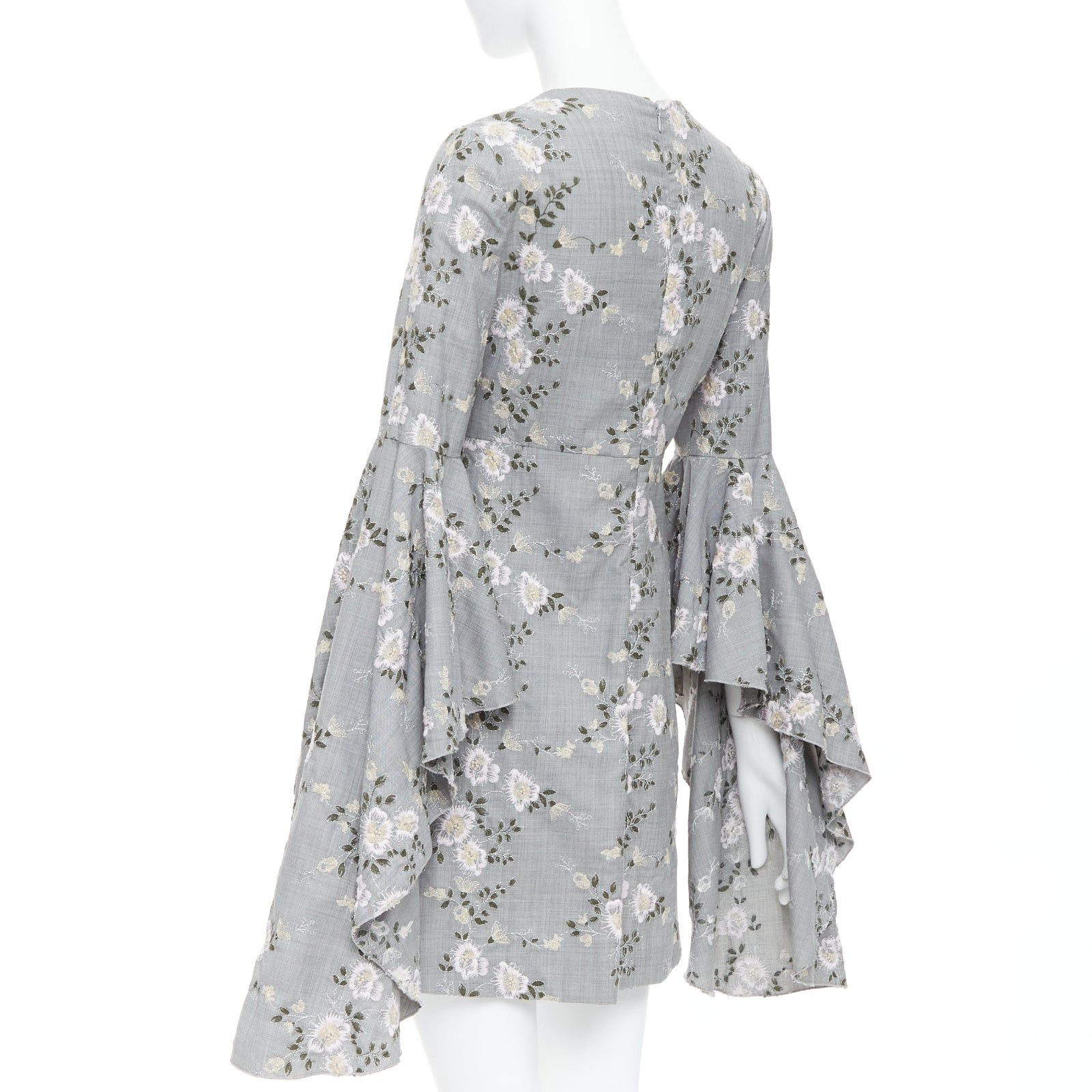 Giambattista Valli GIAMBATTISTA VALLI grey wool floral embroidery cascade bell sleeve dress IT38 XXS Size XS / US 0-2 / IT 36-38 - 6 Thumbnail