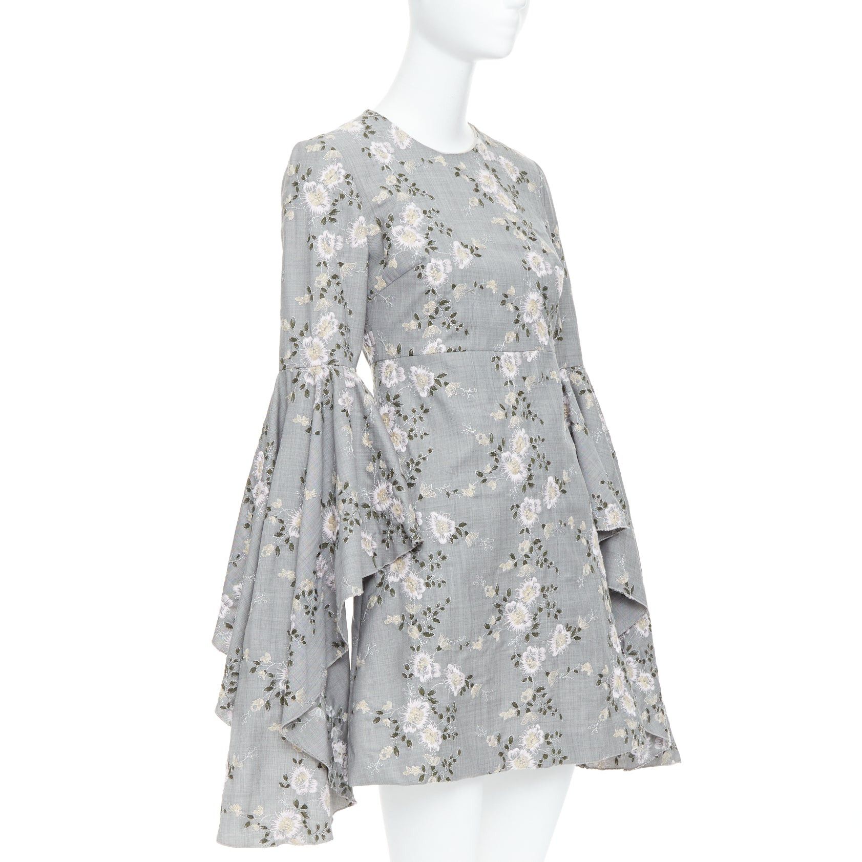 Giambattista Valli GIAMBATTISTA VALLI grey wool floral embroidery cascade bell sleeve dress IT38 XXS Size XS / US 0-2 / IT 36-38 - 3 Thumbnail
