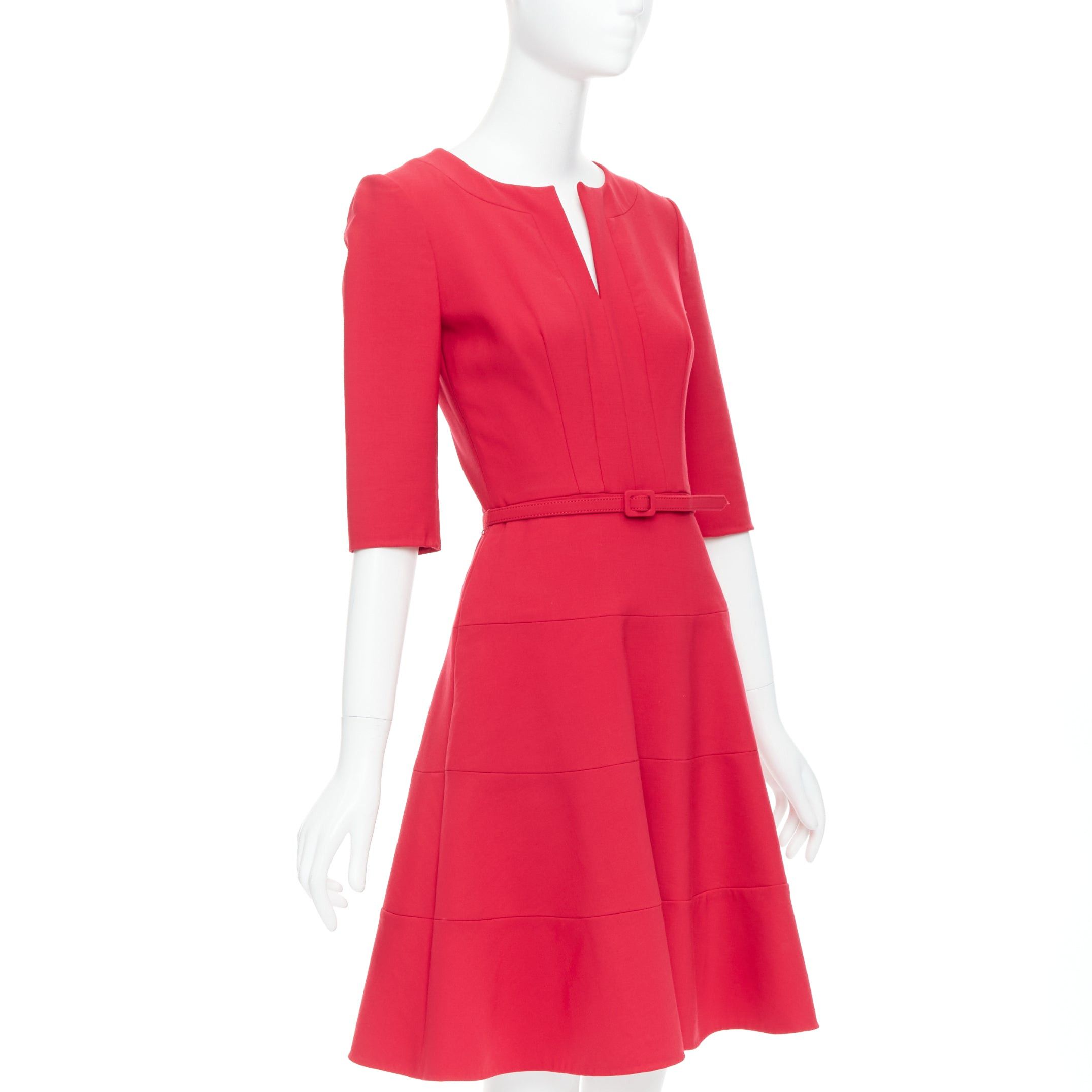 Oscar De La Renta OSCAR DE LA RENTA R17 red virgin wool blend slit neck pleated belted dress US0 XS Size XS / US 0-2 / IT 36-38 - 3 Thumbnail