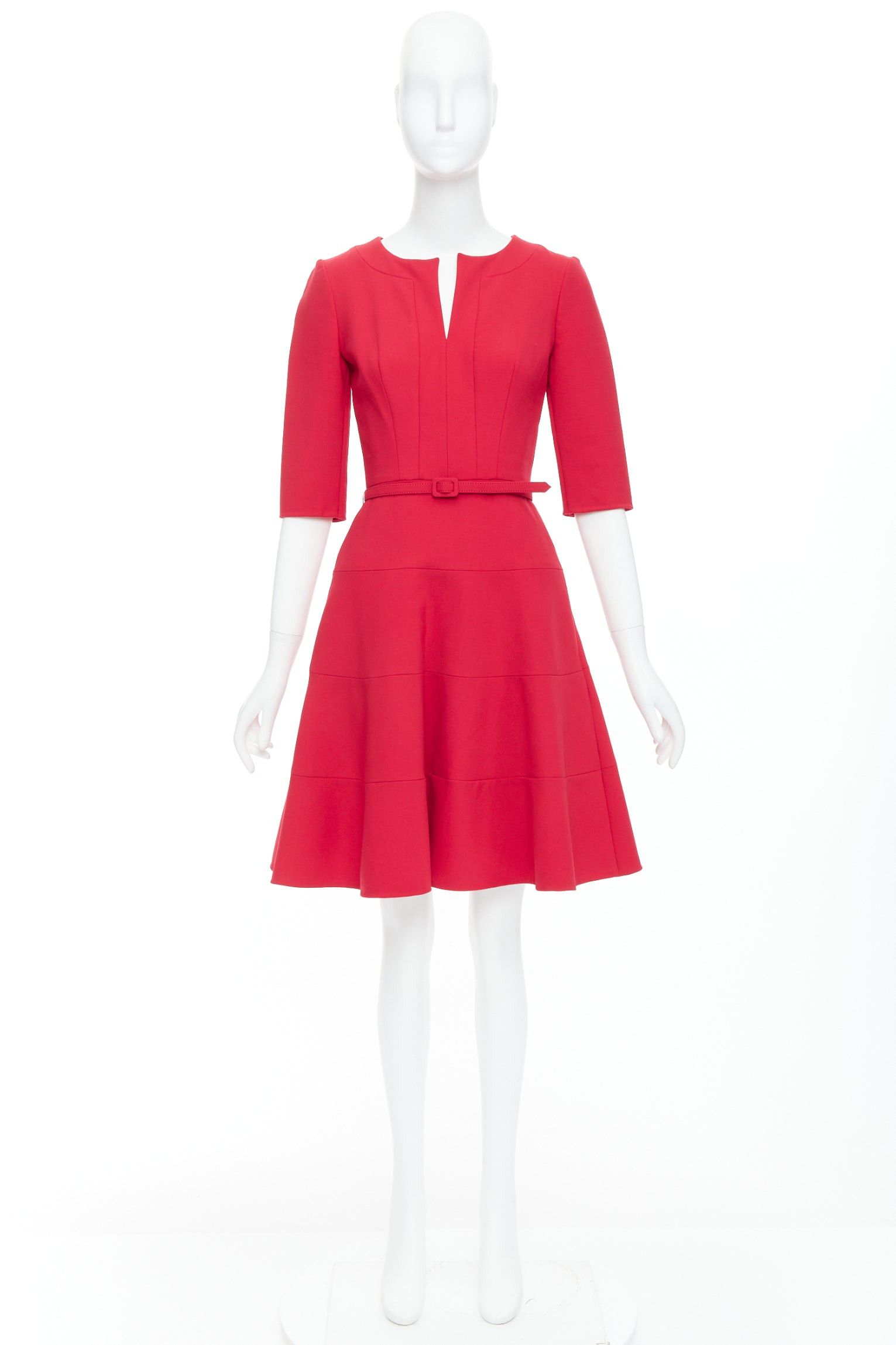 Oscar De La Renta OSCAR DE LA RENTA R17 red virgin wool blend slit neck pleated belted dress US0 XS Size XS / US 0-2 / IT 36-38 - 9 Thumbnail