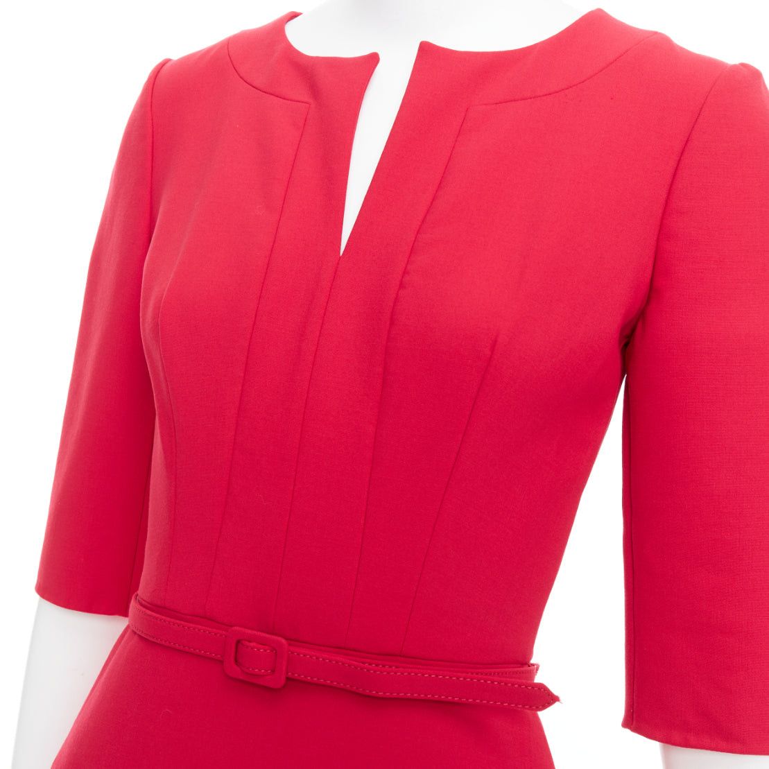 Oscar De La Renta OSCAR DE LA RENTA R17 red virgin wool blend slit neck pleated belted dress US0 XS Size XS / US 0-2 / IT 36-38 - 2 Thumbnail
