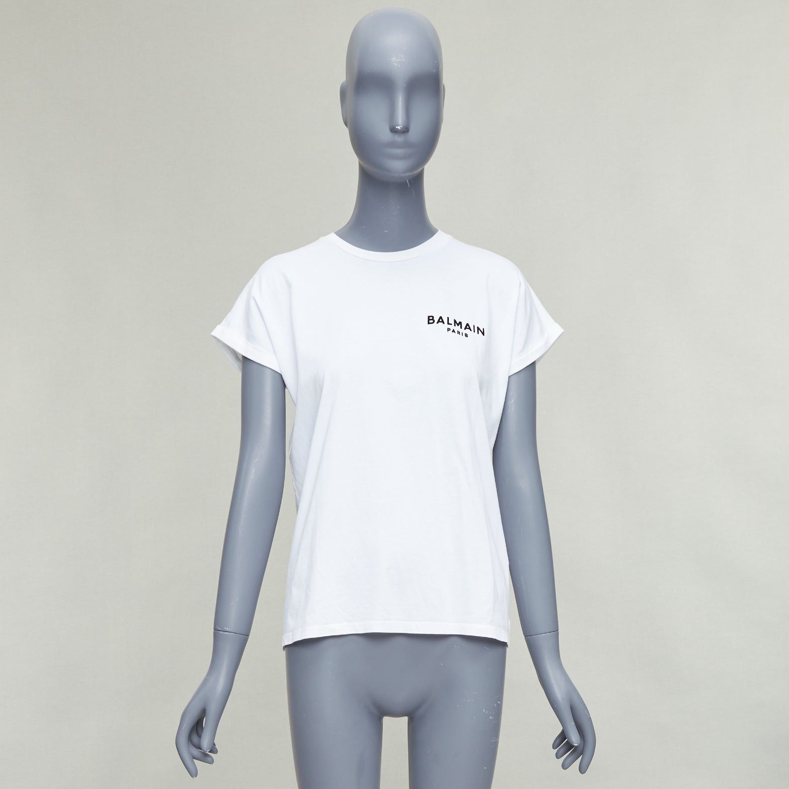 Balmain BALMAIN white cotton black logo felt print cap roll sleeve tshirt XS Size S / US 4 / IT 40 - 9 Thumbnail