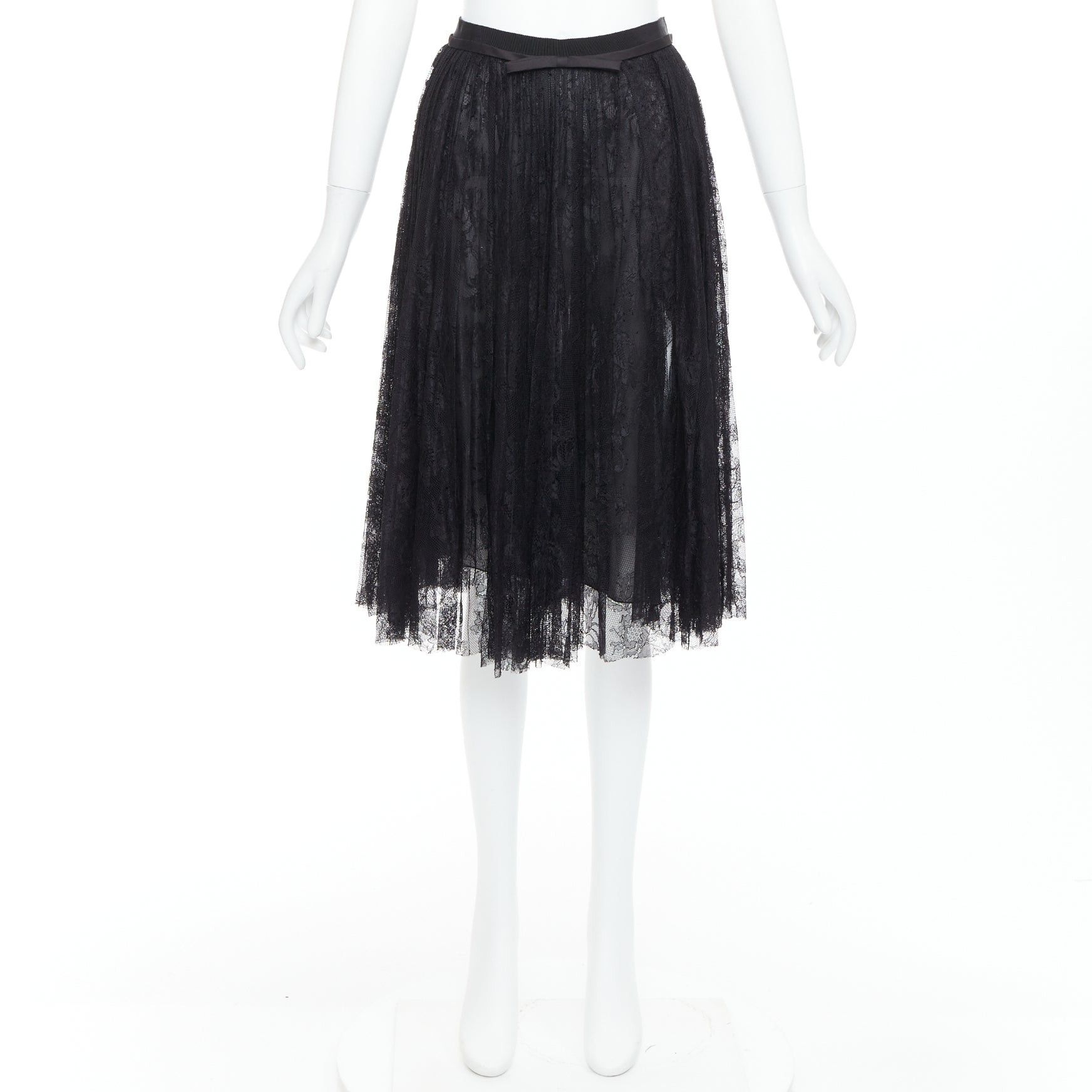 Giambattista Valli GIAMBATTISTA VALLI black lace silk bow trim pleated knee skirt IT38 XXS Size 26" / US 2 / IT 38 - 2 Thumbnail