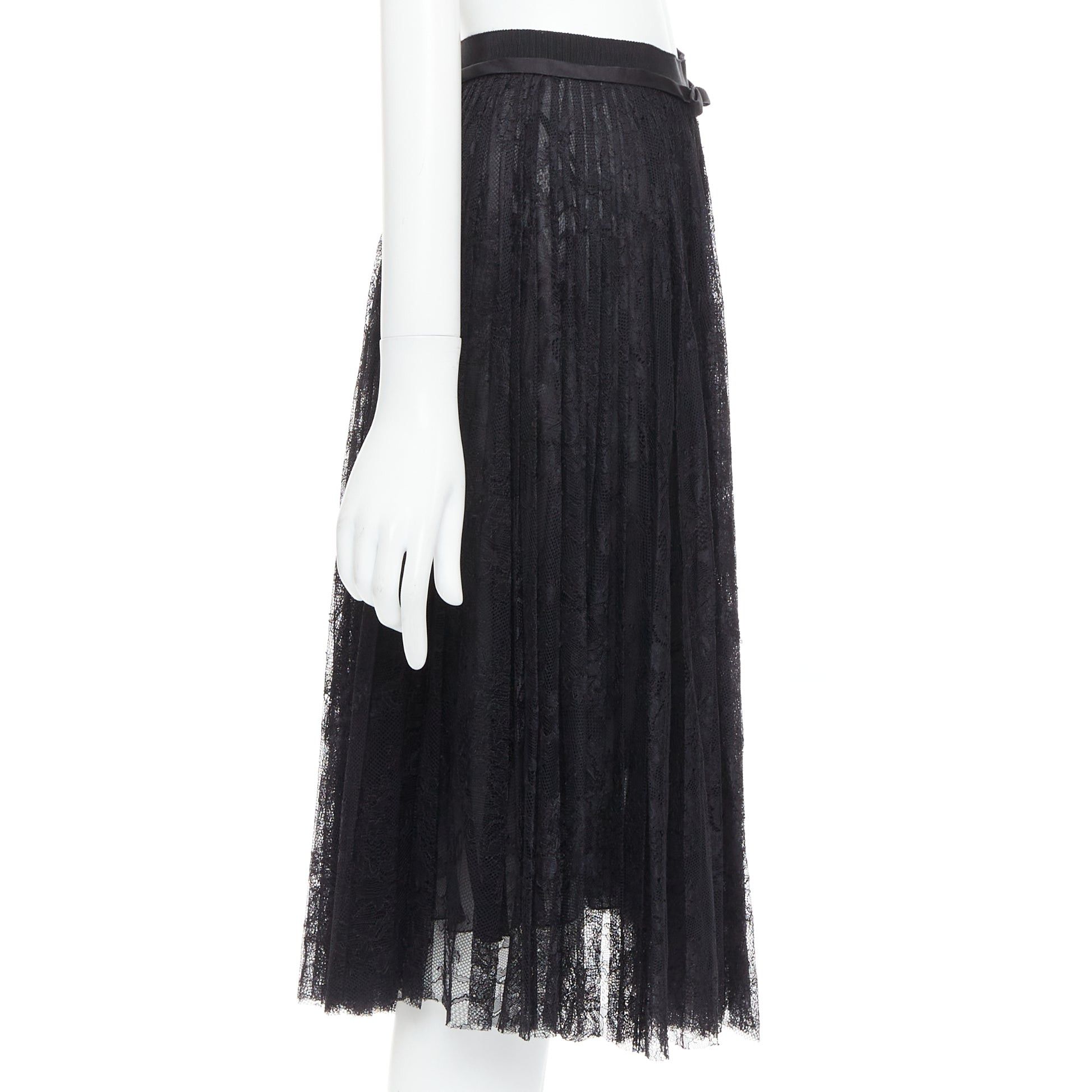 Giambattista Valli GIAMBATTISTA VALLI black lace silk bow trim pleated knee skirt IT38 XXS Size 26" / US 2 / IT 38 - 4 Thumbnail