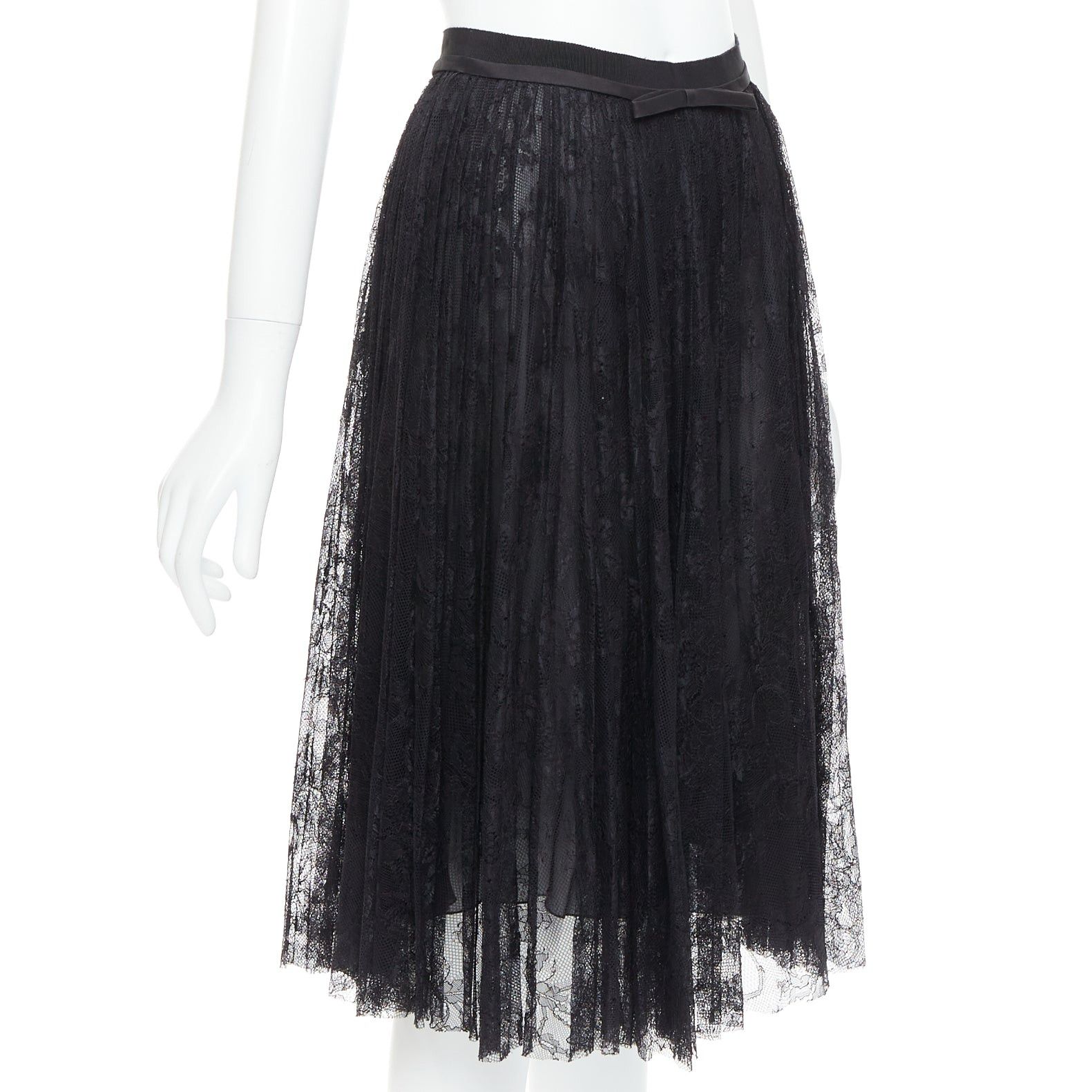 Giambattista Valli GIAMBATTISTA VALLI black lace silk bow trim pleated knee skirt IT38 XXS Size 26" / US 2 / IT 38 - 3 Thumbnail