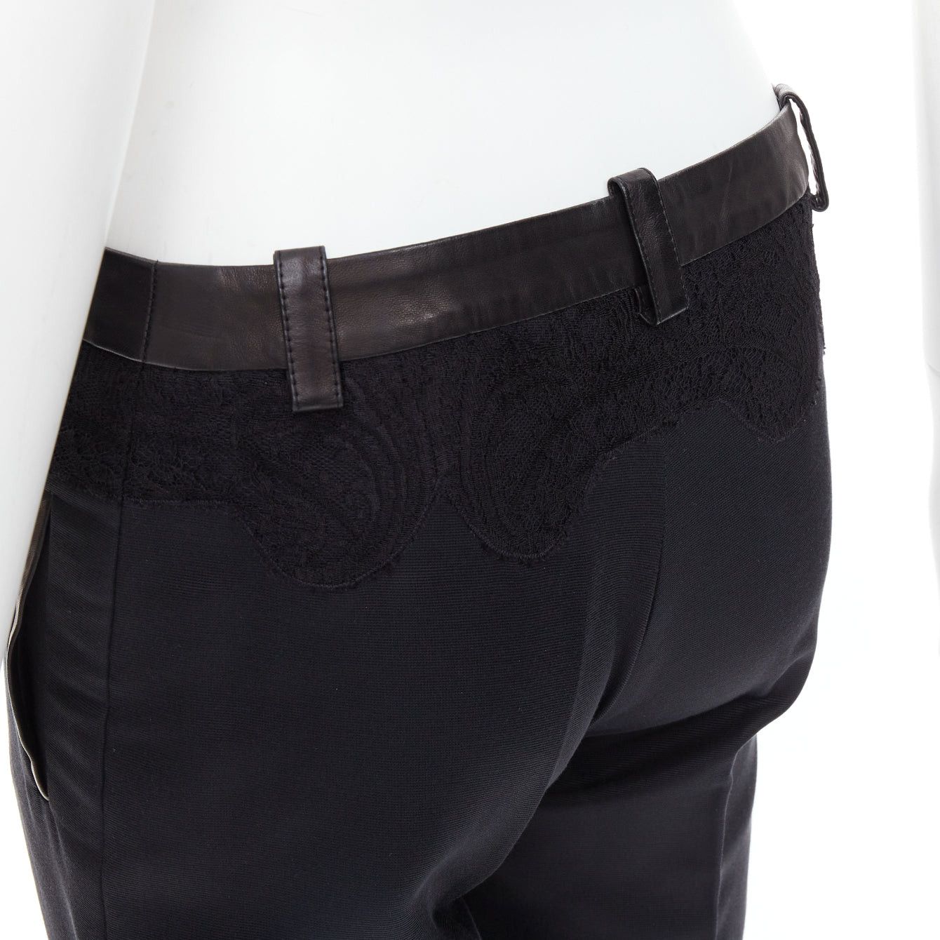 Versace VERSACE black cotton blend lace leather trim waist tapered trousers IT38 XS Size 26" / US 2 / IT 38 - 2 Thumbnail