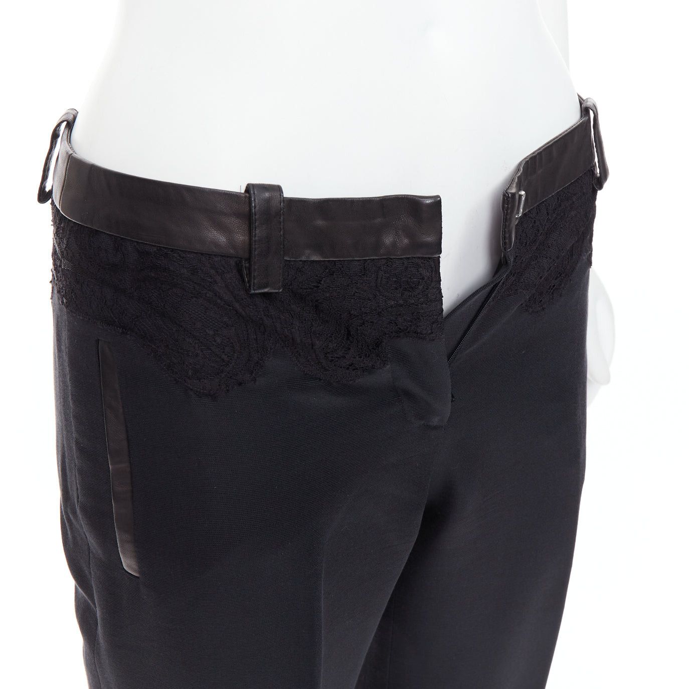 Versace VERSACE black cotton blend lace leather trim waist tapered trousers IT38 XS Size 26" / US 2 / IT 38 - 7 Thumbnail