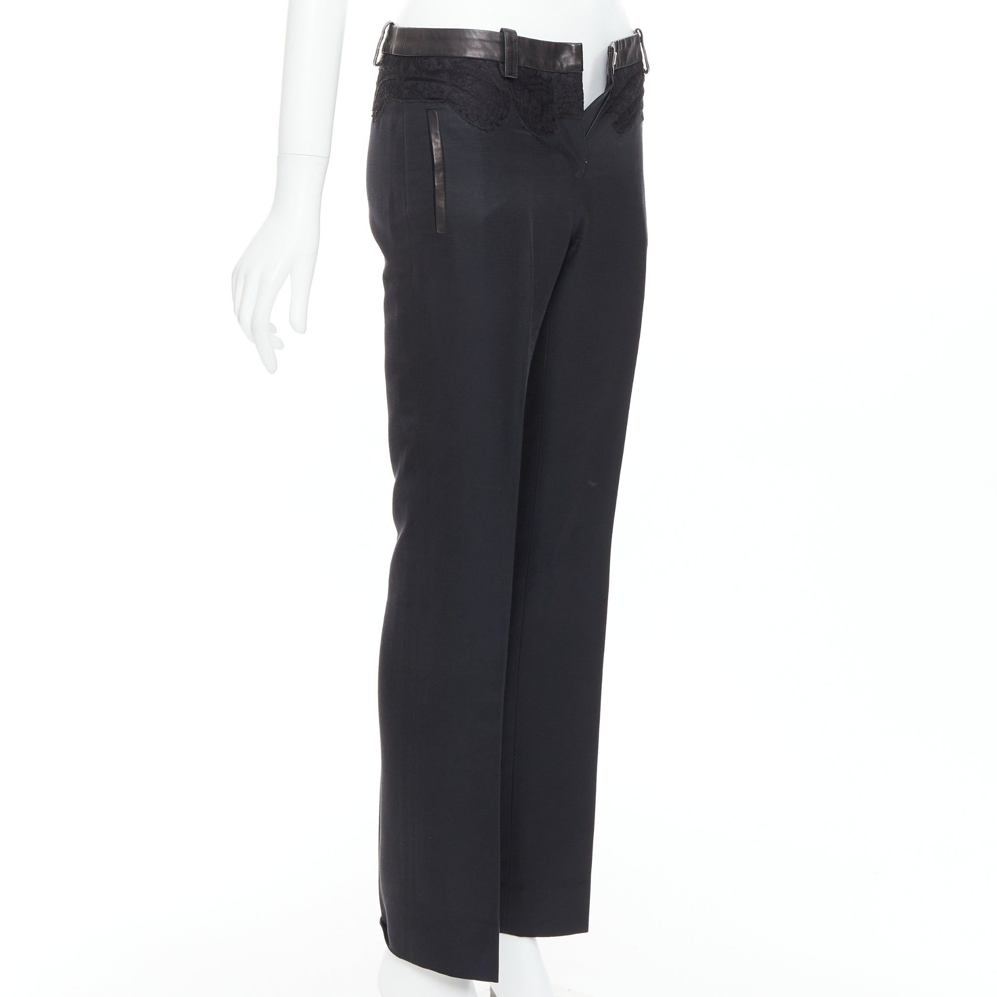 Versace VERSACE black cotton blend lace leather trim waist tapered trousers IT38 XS Size 26" / US 2 / IT 38 - 3 Thumbnail