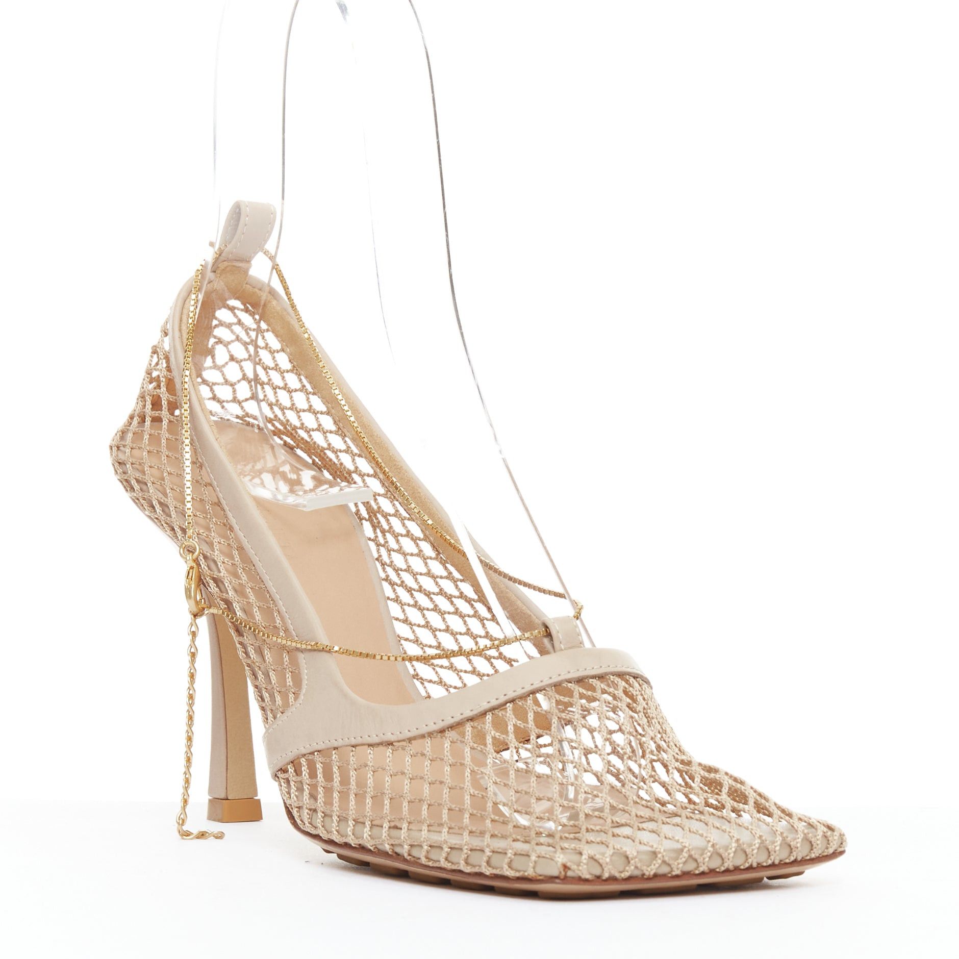 Bottega Veneta BOTTEGA VENETA Stretch nude leather fishnet square toe chain heels EU37 Size US 7 / IT 37 - 2 Thumbnail