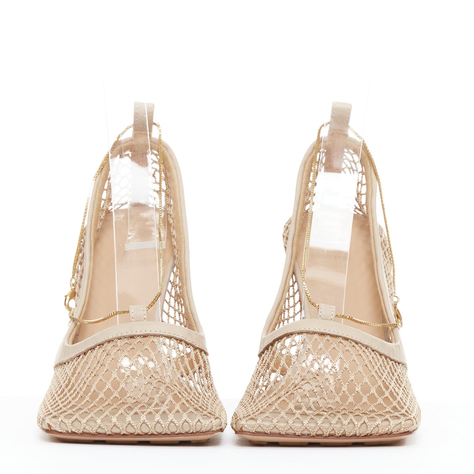 Bottega Veneta BOTTEGA VENETA Stretch nude leather fishnet square toe chain heels EU37 Size US 7 / IT 37 - 3 Thumbnail