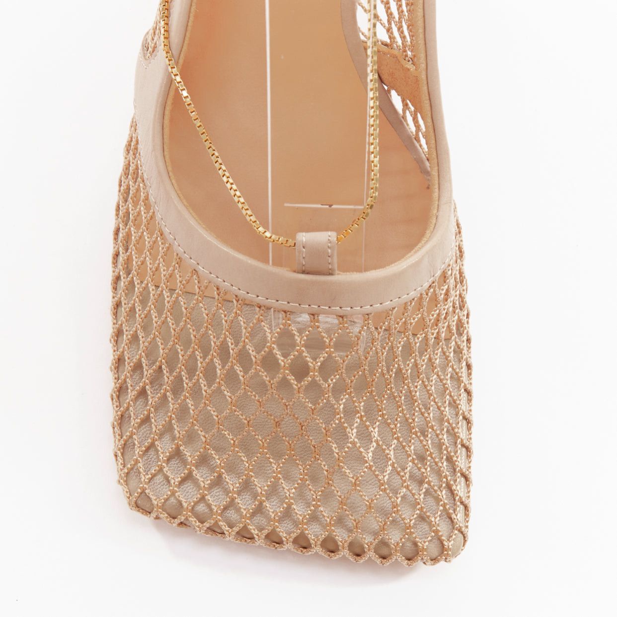 Bottega Veneta BOTTEGA VENETA Stretch nude leather fishnet square toe chain heels EU37 Size US 7 / IT 37 - 6 Thumbnail