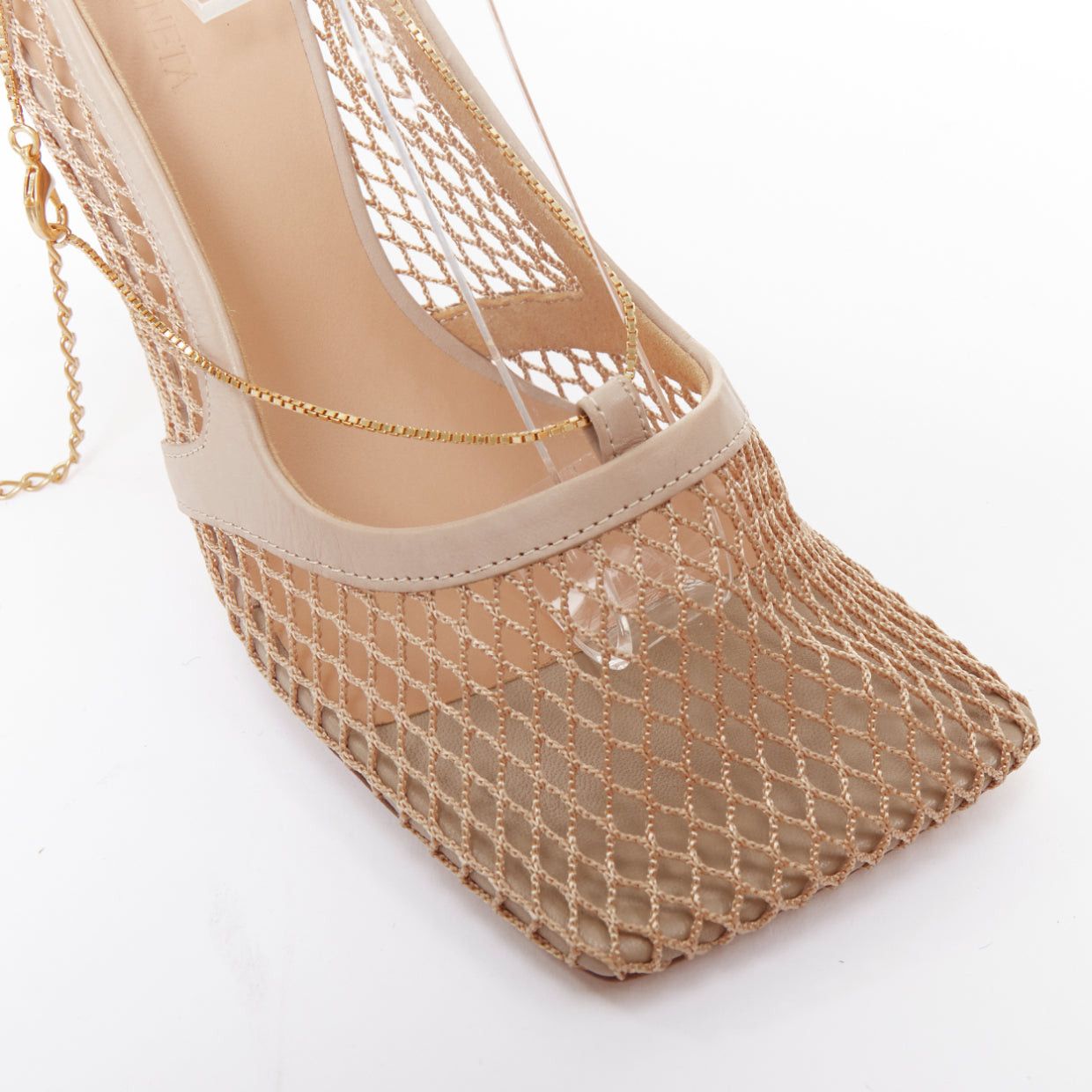Bottega Veneta BOTTEGA VENETA Stretch nude leather fishnet square toe chain heels EU37 Size US 7 / IT 37 - 7 Thumbnail