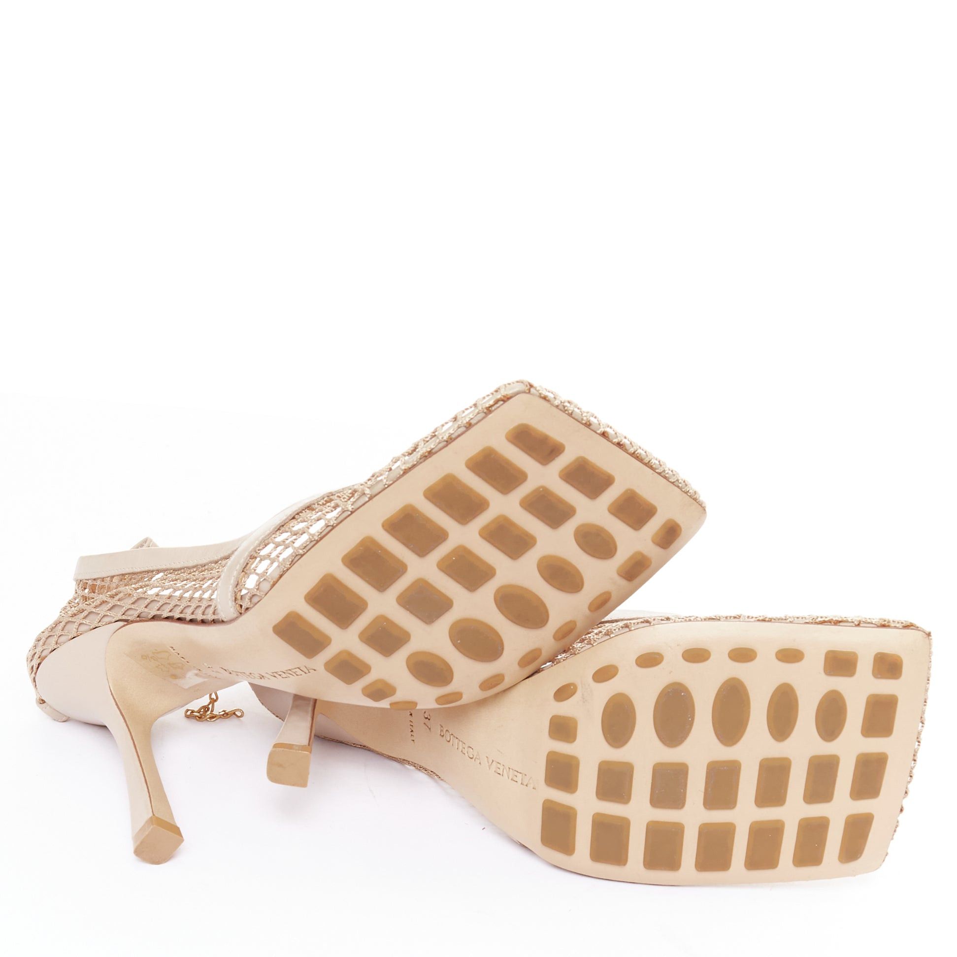 Bottega Veneta BOTTEGA VENETA Stretch nude leather fishnet square toe chain heels EU37 Size US 7 / IT 37 - 11 Thumbnail