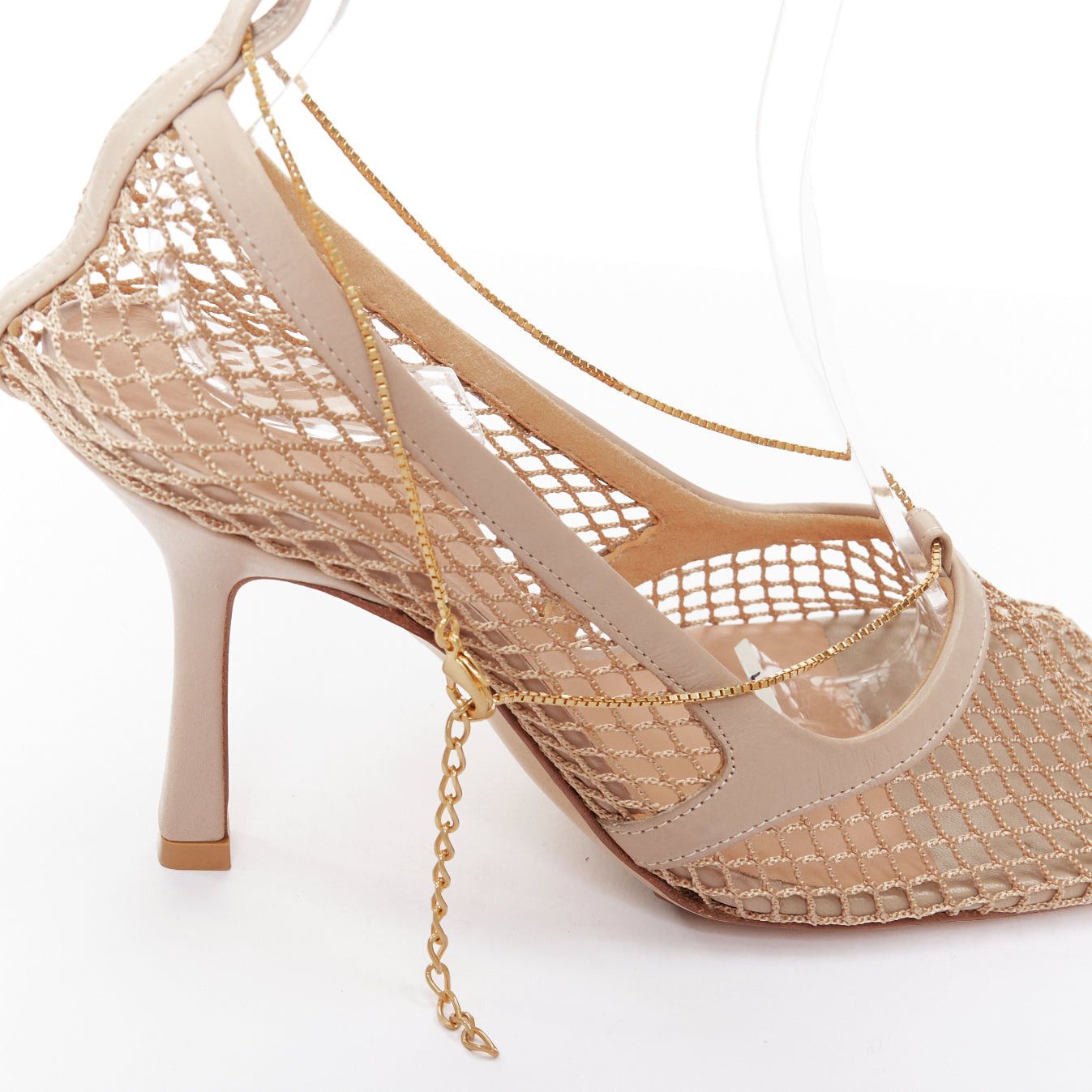 Bottega Veneta BOTTEGA VENETA Stretch nude leather fishnet square toe chain heels EU37 Size US 7 / IT 37 - 8 Thumbnail