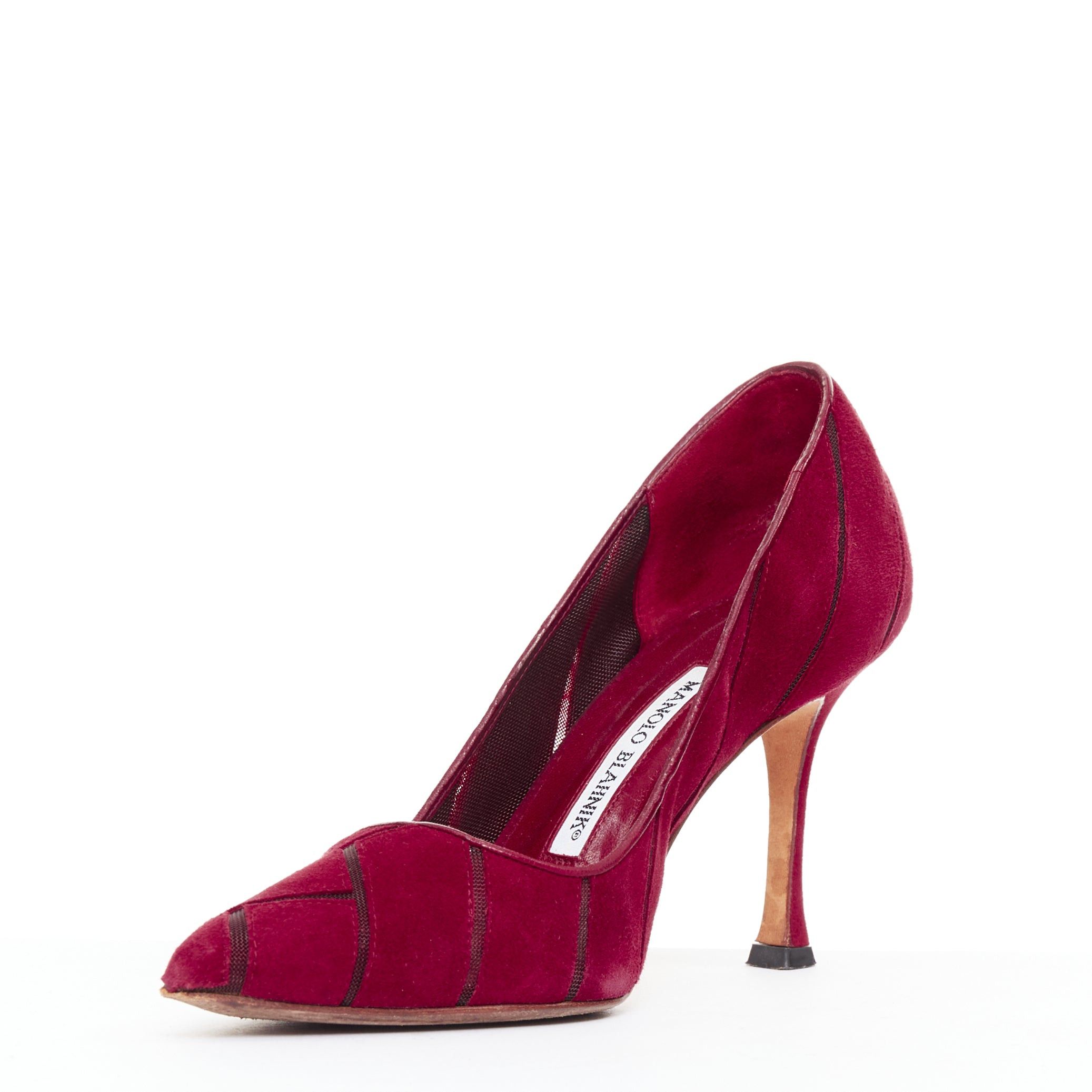 Manolo Blahnik MANOLO BLAHNIK Nadira red suede diagonal cut out mesh pumps EU37 Size US 7 / IT 37 - 4 Thumbnail