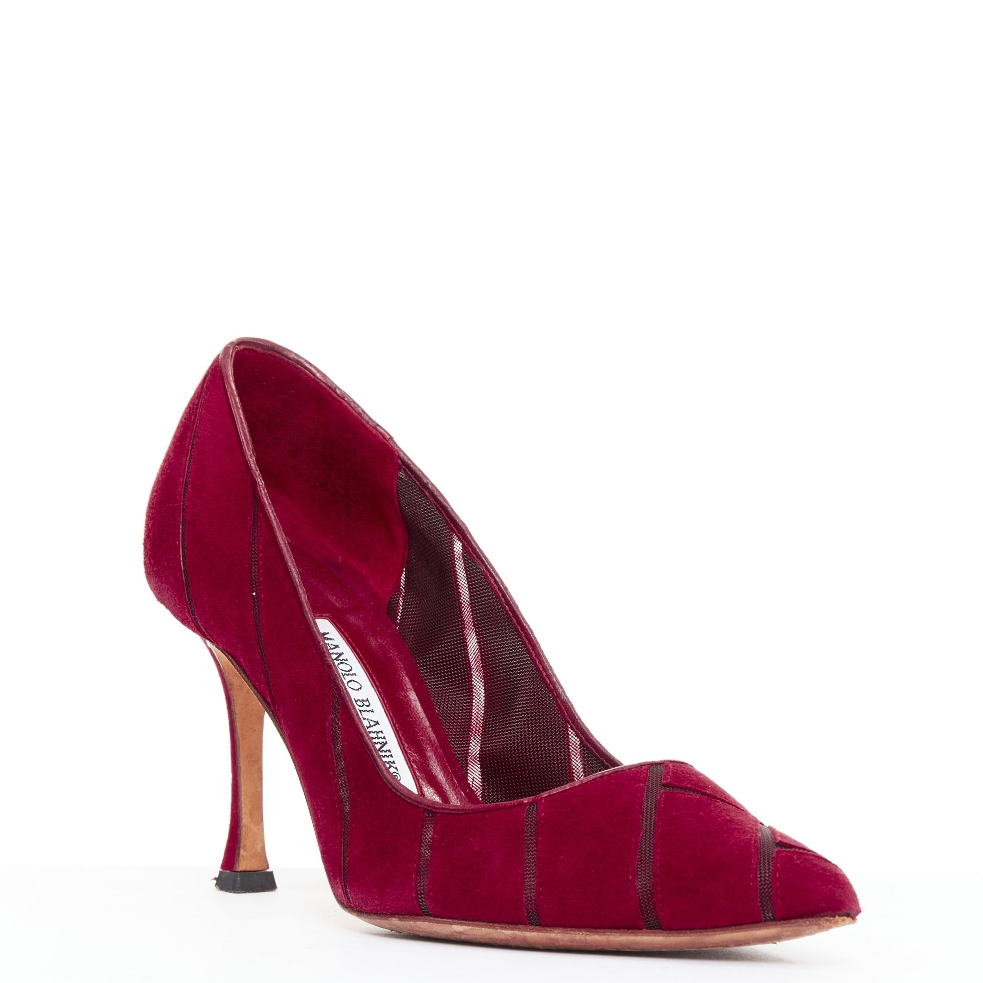 Manolo Blahnik MANOLO BLAHNIK Nadira red suede diagonal cut out mesh pumps EU37 Size US 7 / IT 37 - 2 Thumbnail