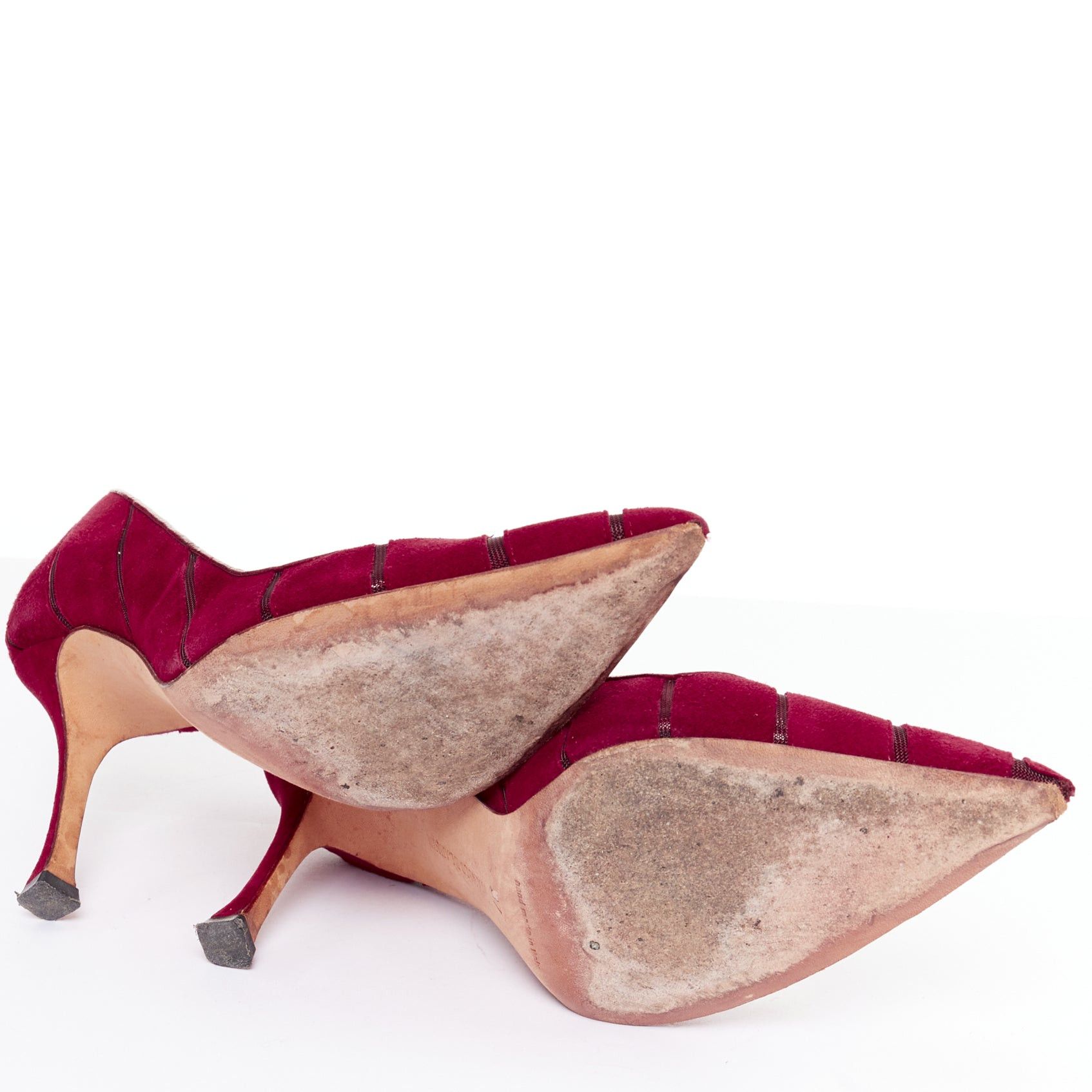 Manolo Blahnik MANOLO BLAHNIK Nadira red suede diagonal cut out mesh pumps EU37 Size US 7 / IT 37 - 11 Thumbnail