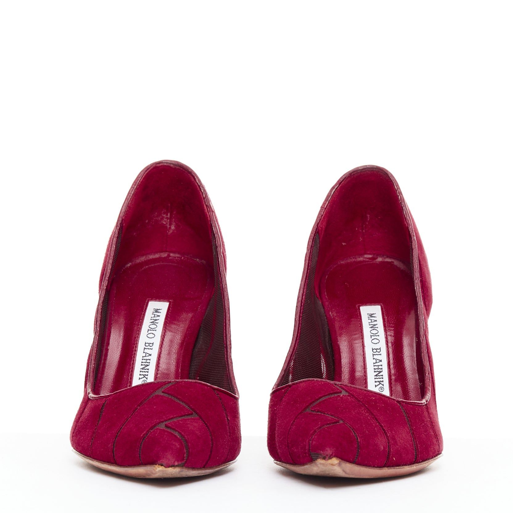 Manolo Blahnik MANOLO BLAHNIK Nadira red suede diagonal cut out mesh pumps EU37 Size US 7 / IT 37 - 3 Thumbnail