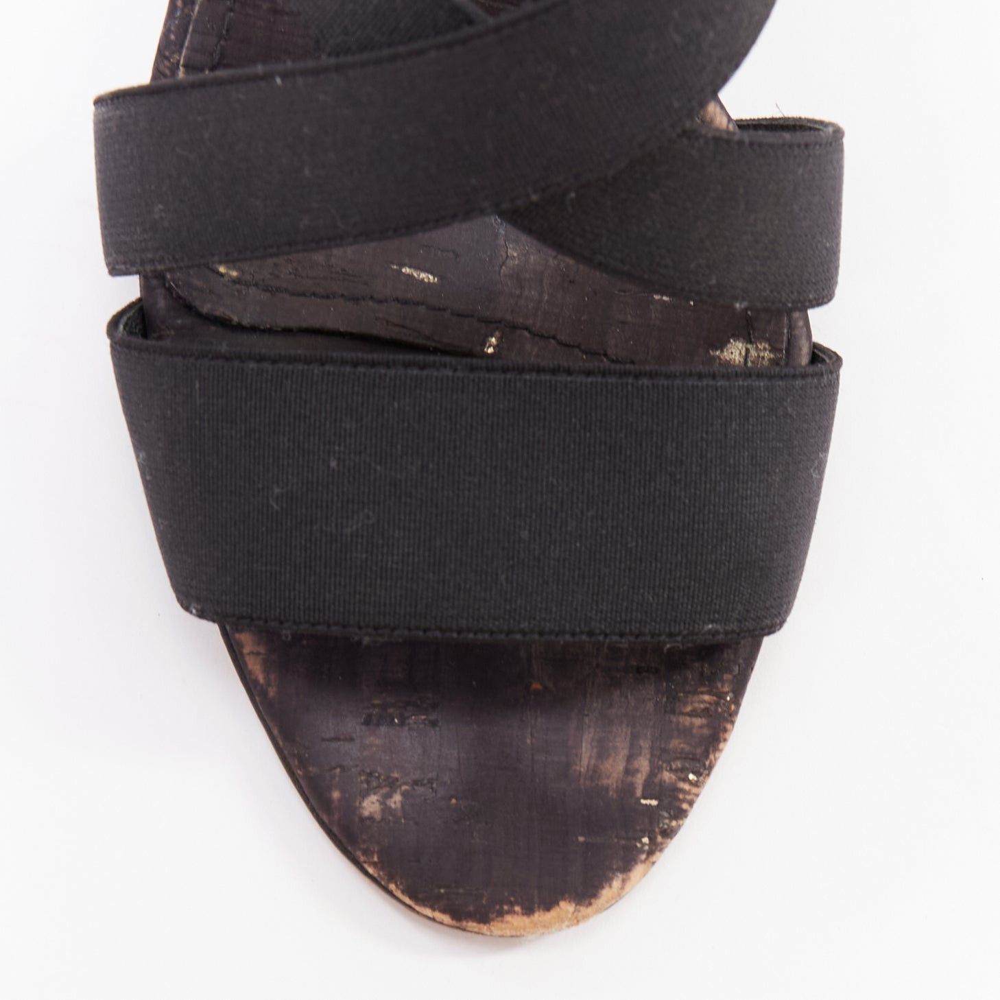 Manolo Blahnik MANOLO BLAHNIK black elastic strap cork sole spool mid sandals EU37 Size US 7 / IT 37 - 6 Thumbnail