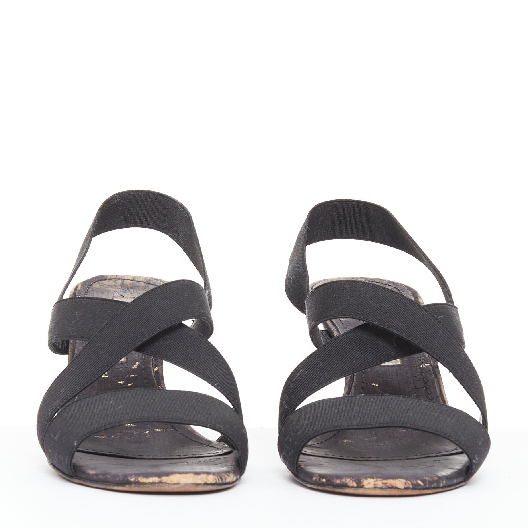 Manolo Blahnik MANOLO BLAHNIK black elastic strap cork sole spool mid sandals EU37 Size US 7 / IT 37 - 3 Thumbnail