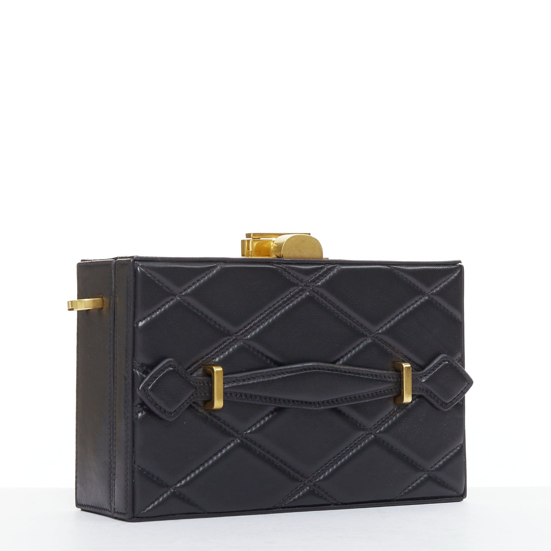 Oscar De La Renta OSCAR DE LA RENTA Alibi Minaudiere black leather gold hardware box clutch Size ONE SIZE - 3 Thumbnail