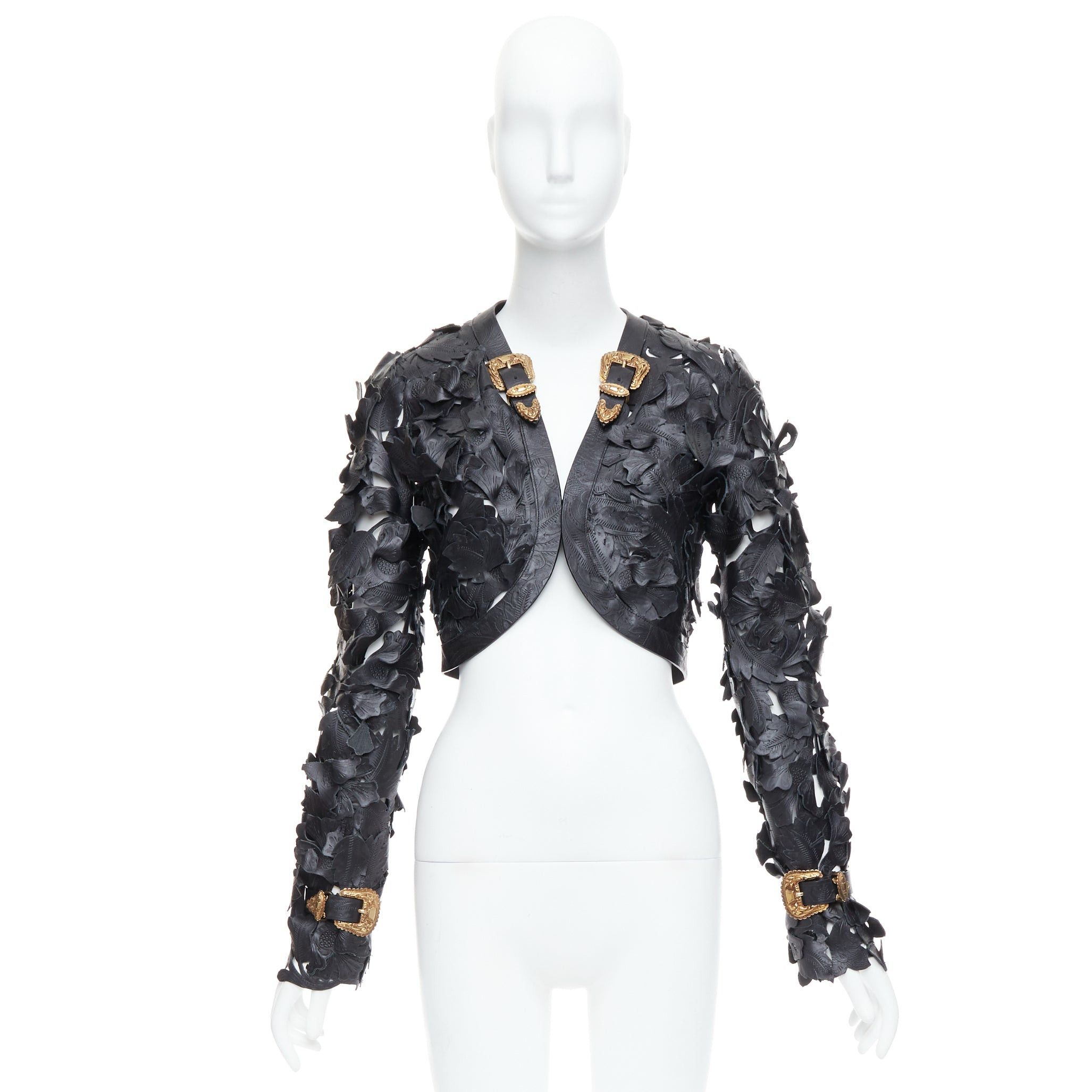 Alexander McQueen rare ALEXANDER MCQUEEN 2011 Runway black floral laser cut cropped leather jacket IT40 S Size S / US 4 / IT 40 - 14 Thumbnail
