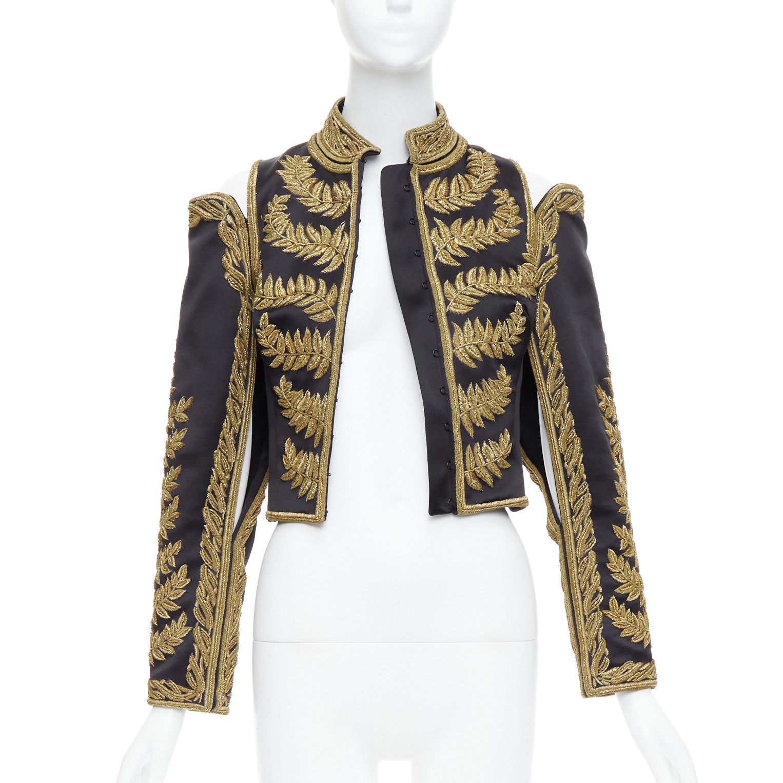 Alexander McQueen rare ALEXANDER MCQUEEN 2011 Runway black gold foliage embroidery crop military jacket IT38 XS Size XS / US 0-2 / IT 36-38 - 3 Thumbnail