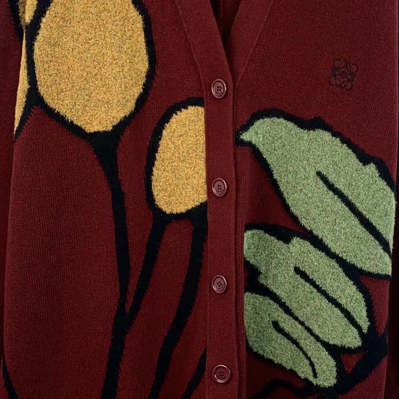Loewe Loewe Red Wool Cardigan with Floral Design 0089 Size US XS / EU 42 / 0 - 4 Thumbnail