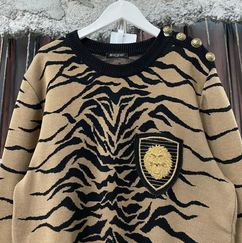 Balmain Balmain Men's Winter Khaki Tiger Sweater 0089 Size US L / EU 52-54 / 3 - 3 Thumbnail