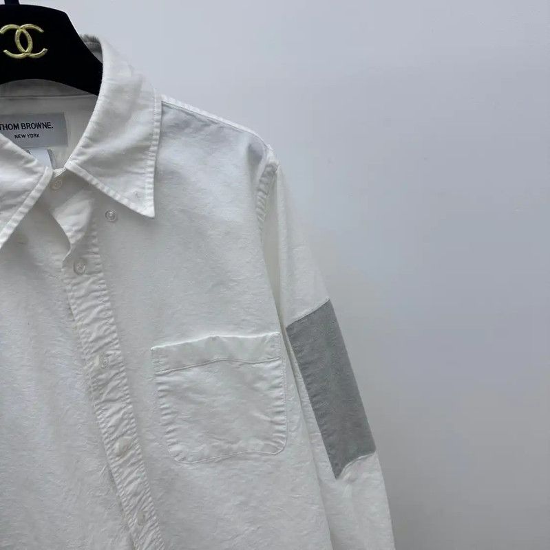 Thom Browne Thom Browne Cotton White Shirt with Gray Patches 0089 Size US M / EU 48-50 / 2 - 3 Thumbnail
