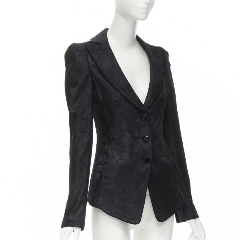 Emporio Armani EMPORIO ARMANI black lace jewel cut buttons fitted blazer IT40 S Size S / US 4 / IT 40 - 3 Thumbnail