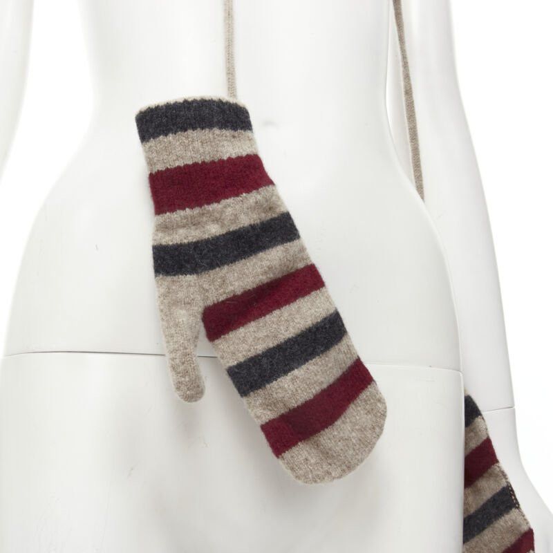 Burberry BURBERRY 100% lambs wool red black beige striped mitten glove on string Size ONE SIZE - 2 Thumbnail