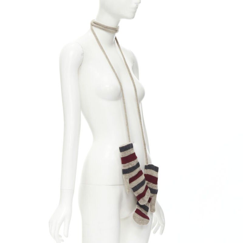 Burberry BURBERRY 100% lambs wool red black beige striped mitten glove on string Size ONE SIZE - 3 Thumbnail