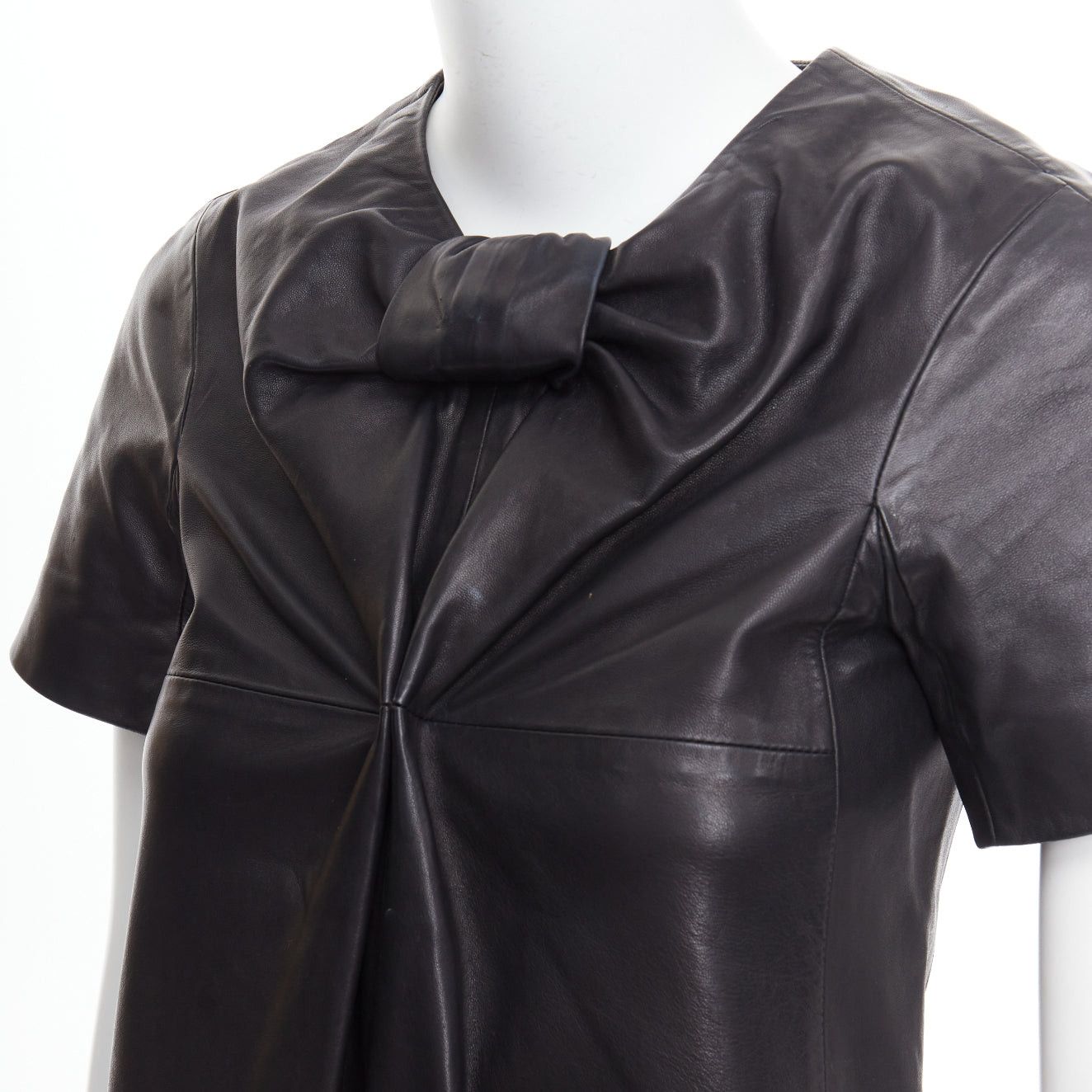 Other CESARE FABBRI black bow leather silk lined short sleeve dress IT40 S Size S / US 4 / IT 40 - 2 Thumbnail