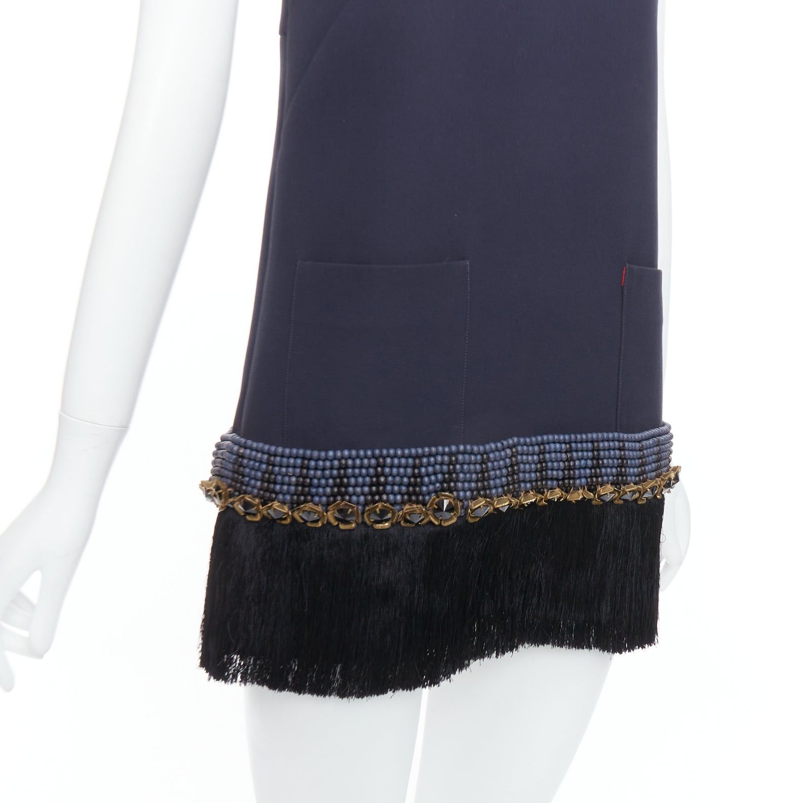 Marni MARNI navy copper fringe bead embellished hem tunic dress IT38 XS Size XS / US 0-2 / IT 36-38 - 2 Thumbnail