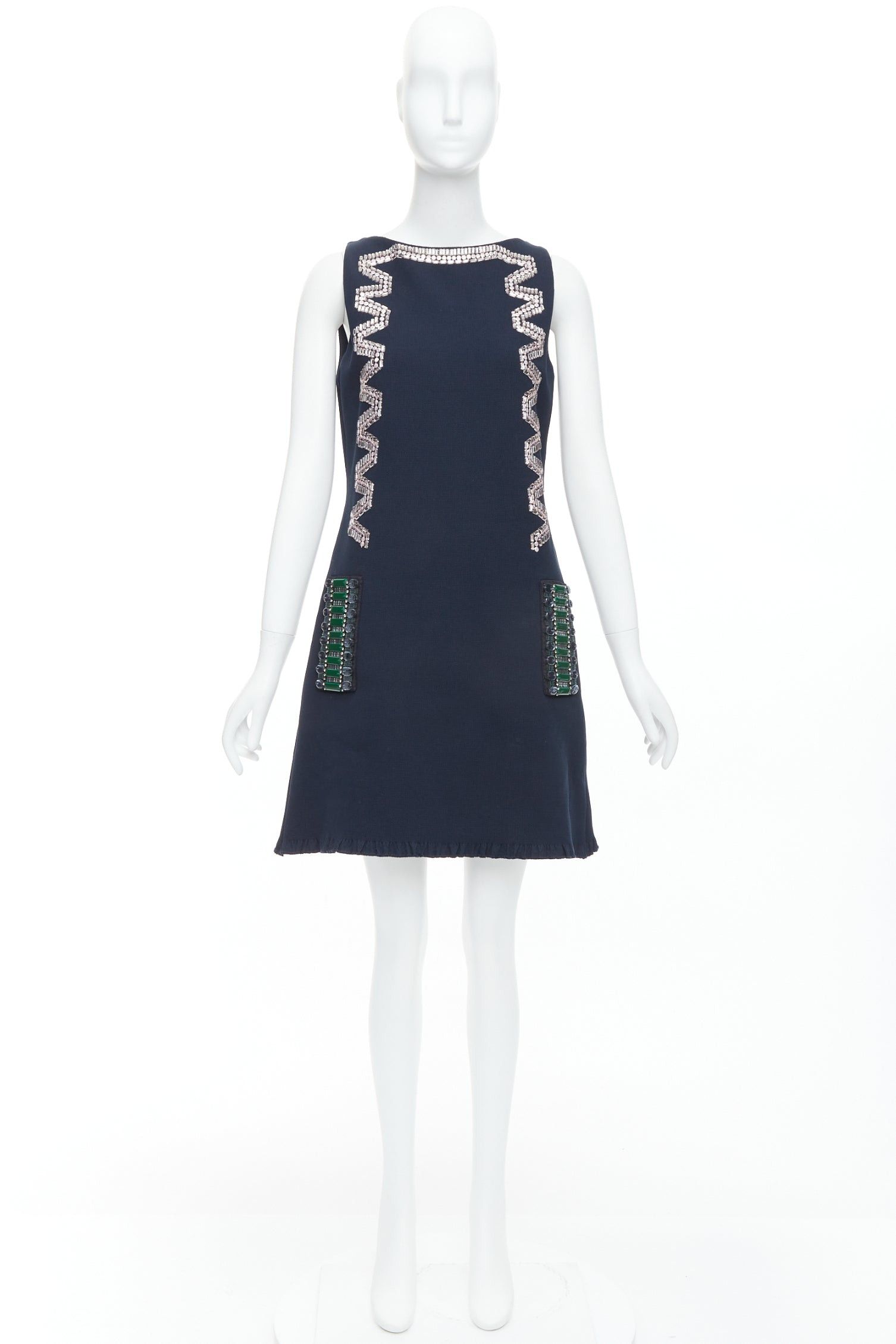 Lanvin LANVIN 2015 navy cotton rhinestone embellished ribbon shift dress FR36 S Size S / US 4 / IT 40 - 9 Thumbnail